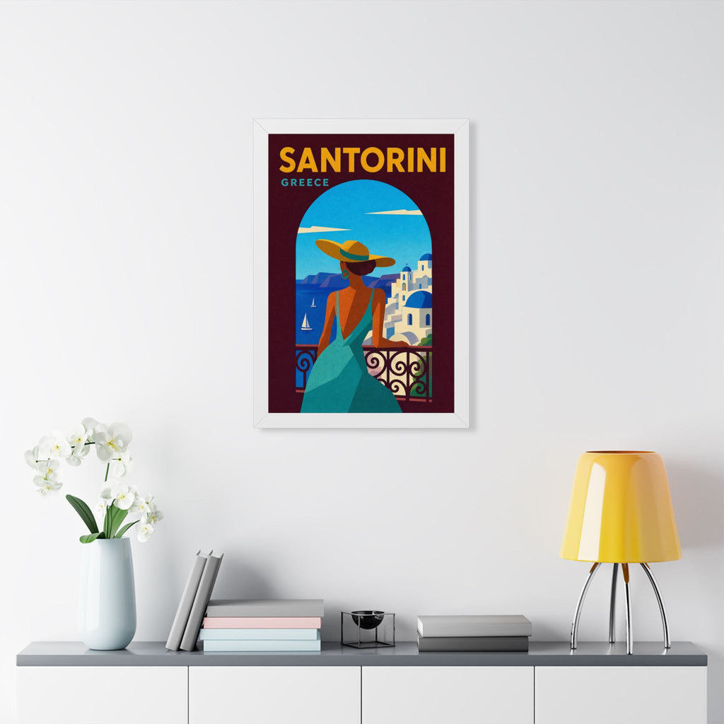Santorini Greece Framed Poster | Vintage Travel Wall Art | Black Walnut White Frame | 16x24 20x30