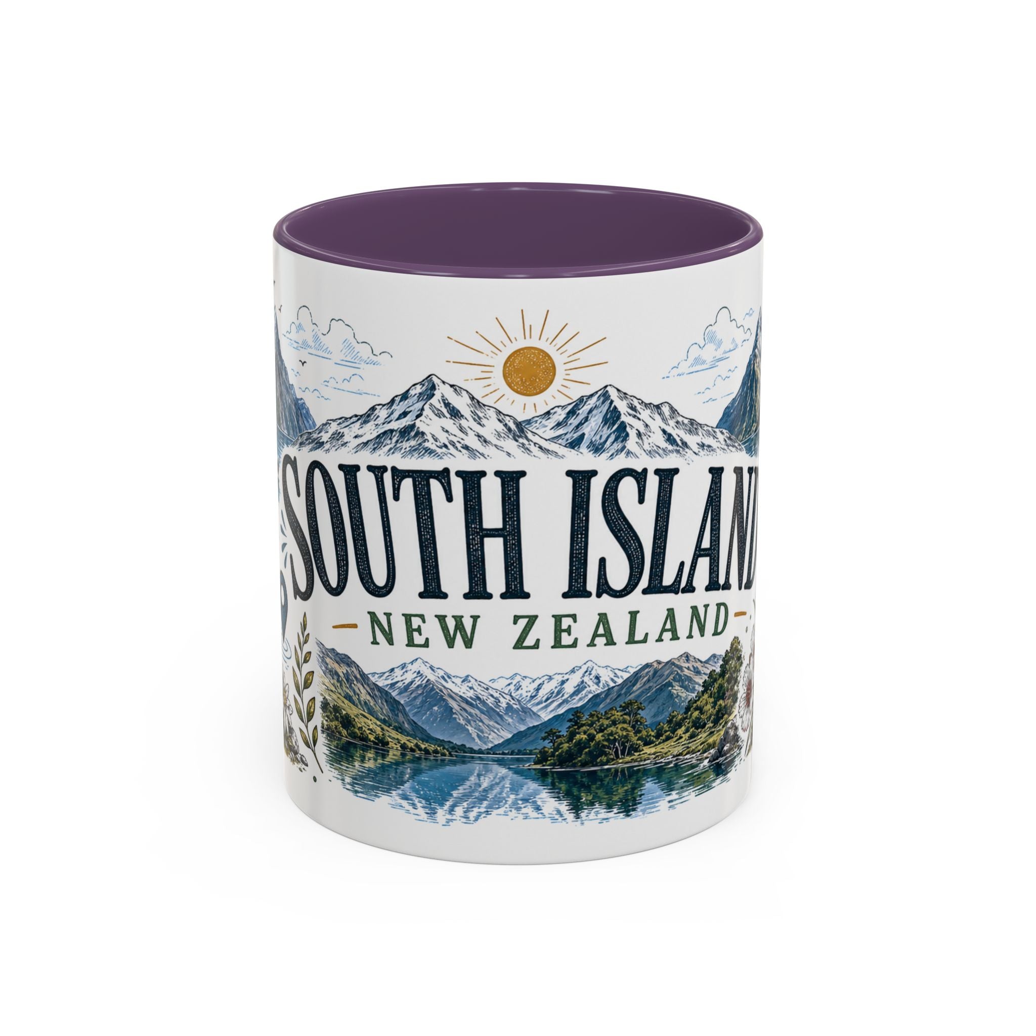 New Zealand South Island Coffee Mug | Travel Destination Souvenir Gift | Accent Color Ceramic 11oz 15oz