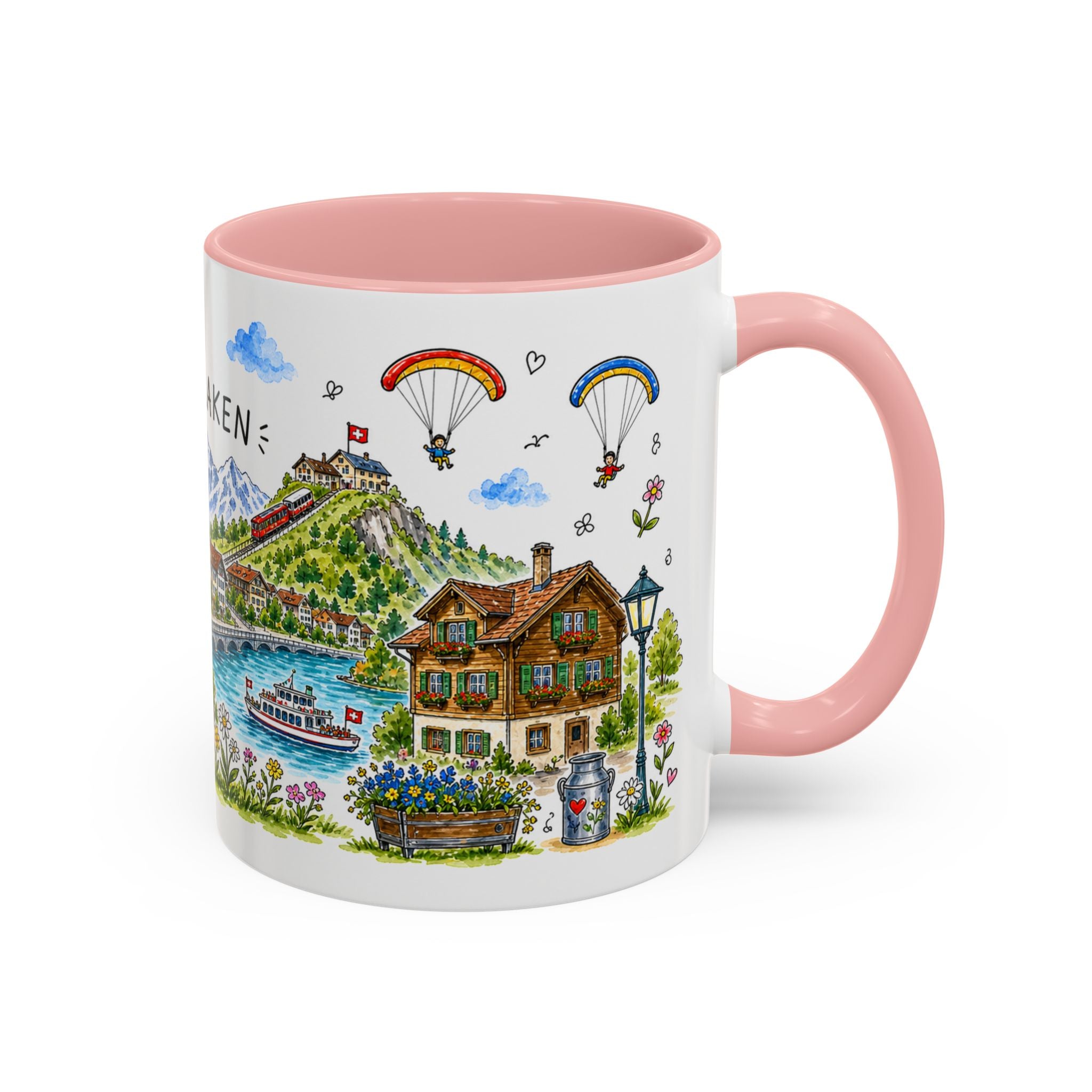 Interlaken Illustrated Travel Mug | Switzerland Souvenir Accent Coffee Mug | 11oz 15oz Ceramic Cup
