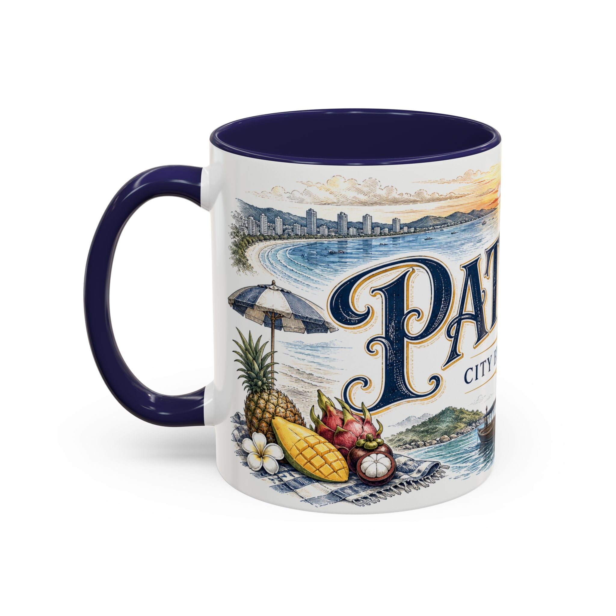 Pattaya Coffee Mug | Thailand Travel Souvenir | Vintage Illustrated City Gift | 11 oz 15 oz Accent Mug