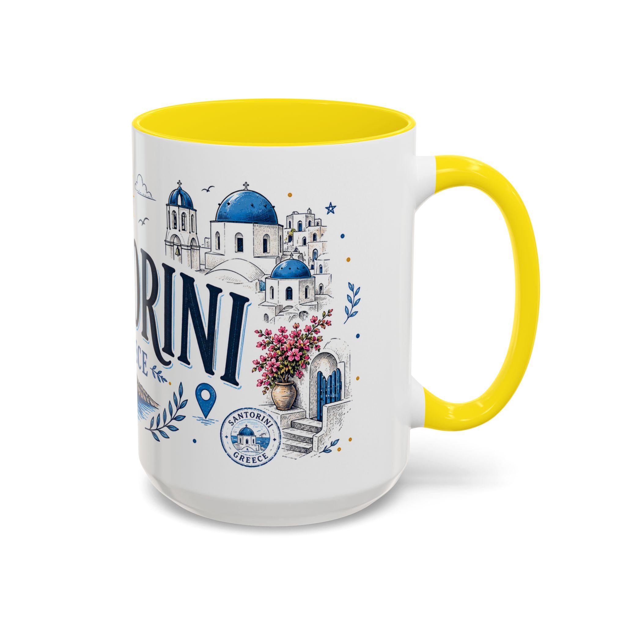 Santorini Coffee Mug | Travel Destination Souvenir Gift | Accent Color Ceramic 11oz 15oz