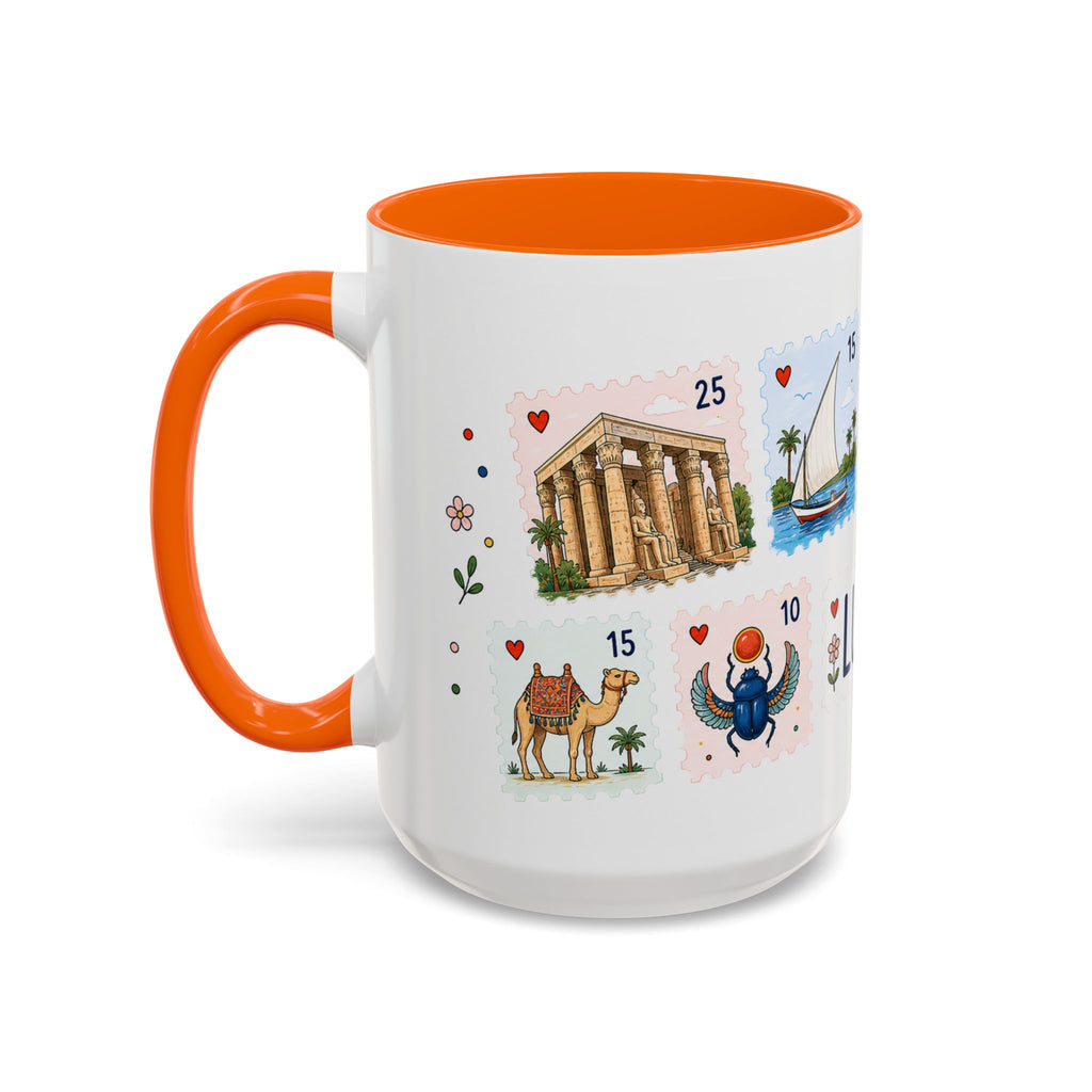 Luxor Coffee Mug | Postage Stamp Collage Mug | Travel Souvenir Accent Cup 11oz 15oz