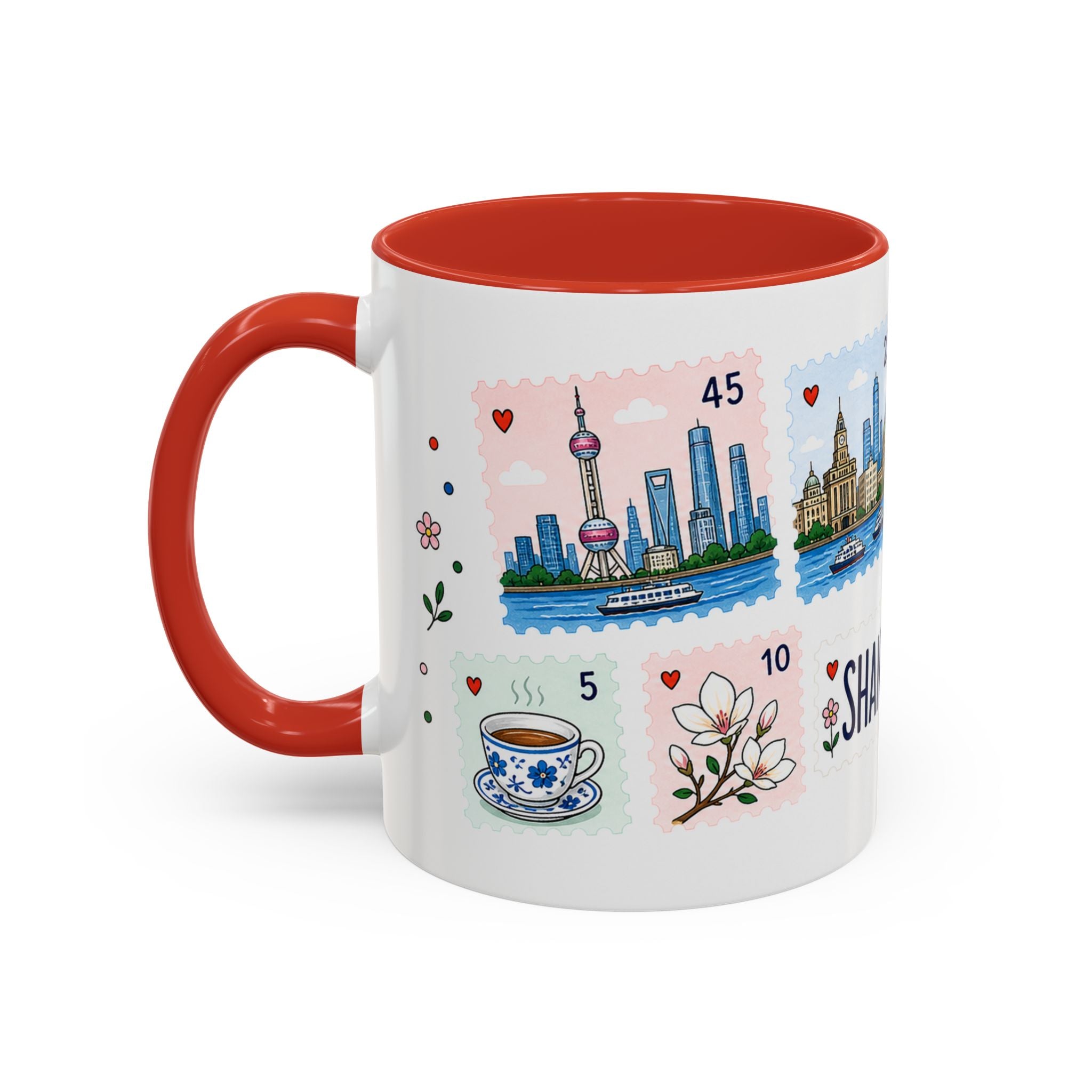 Shanghai Coffee Mug | Postage Stamp Collage Mug | Travel Souvenir Accent Cup 11oz 15oz