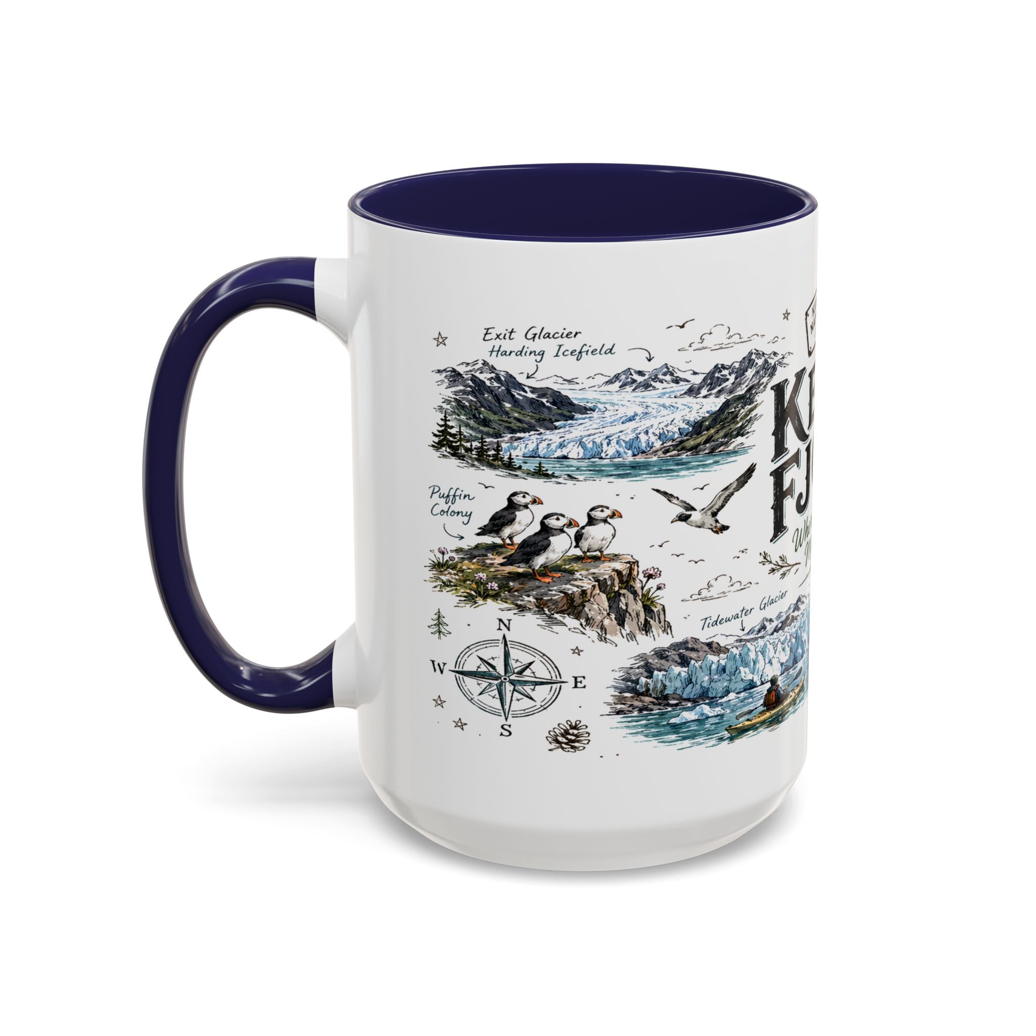 Kenai Fjords National Park Coffee Mug | Alaska Coastal Wildlife Hiking Gift | Accent Color Ceramic 11oz 15oz