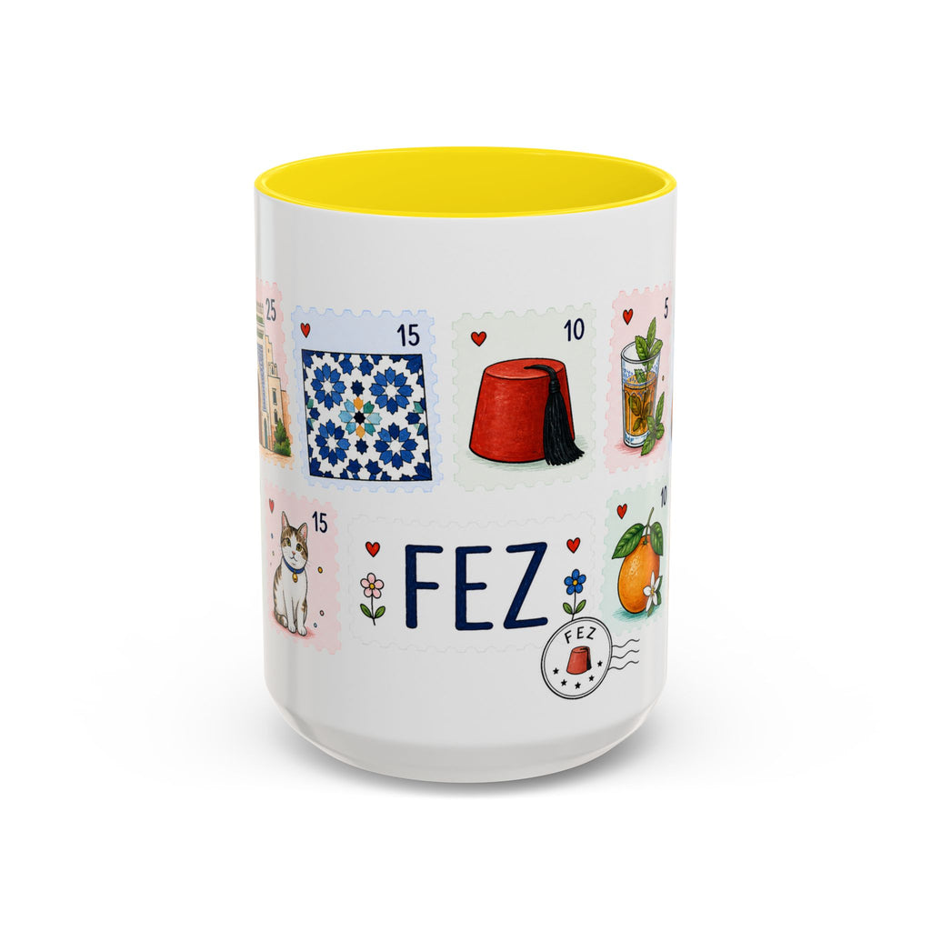 Fez Coffee Mug | Postage Stamp Collage Mug | Travel Souvenir Accent Cup 11oz 15oz