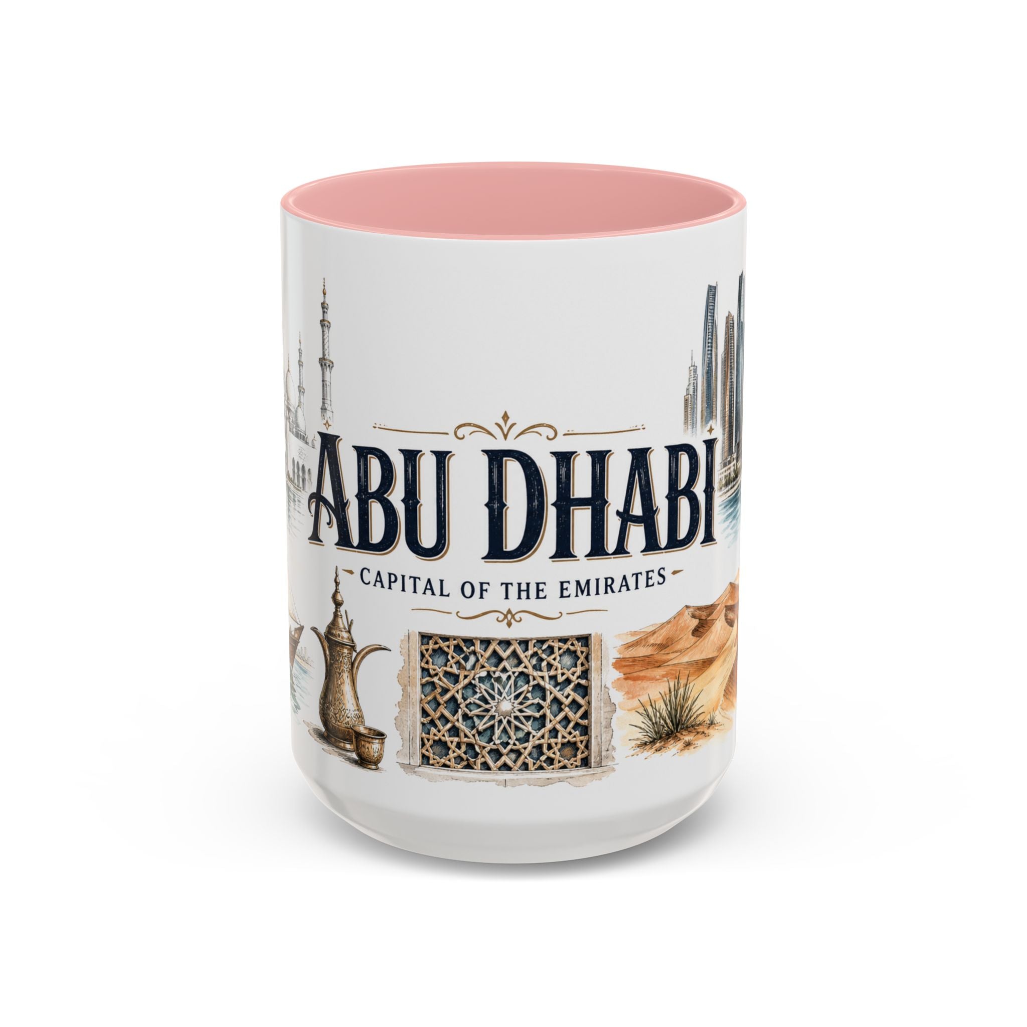 Abu Dhabi Coffee Mug | United Arab Emirates Travel Souvenir | Vintage Illustrated City Gift | 11 oz 15 oz Accent Mug