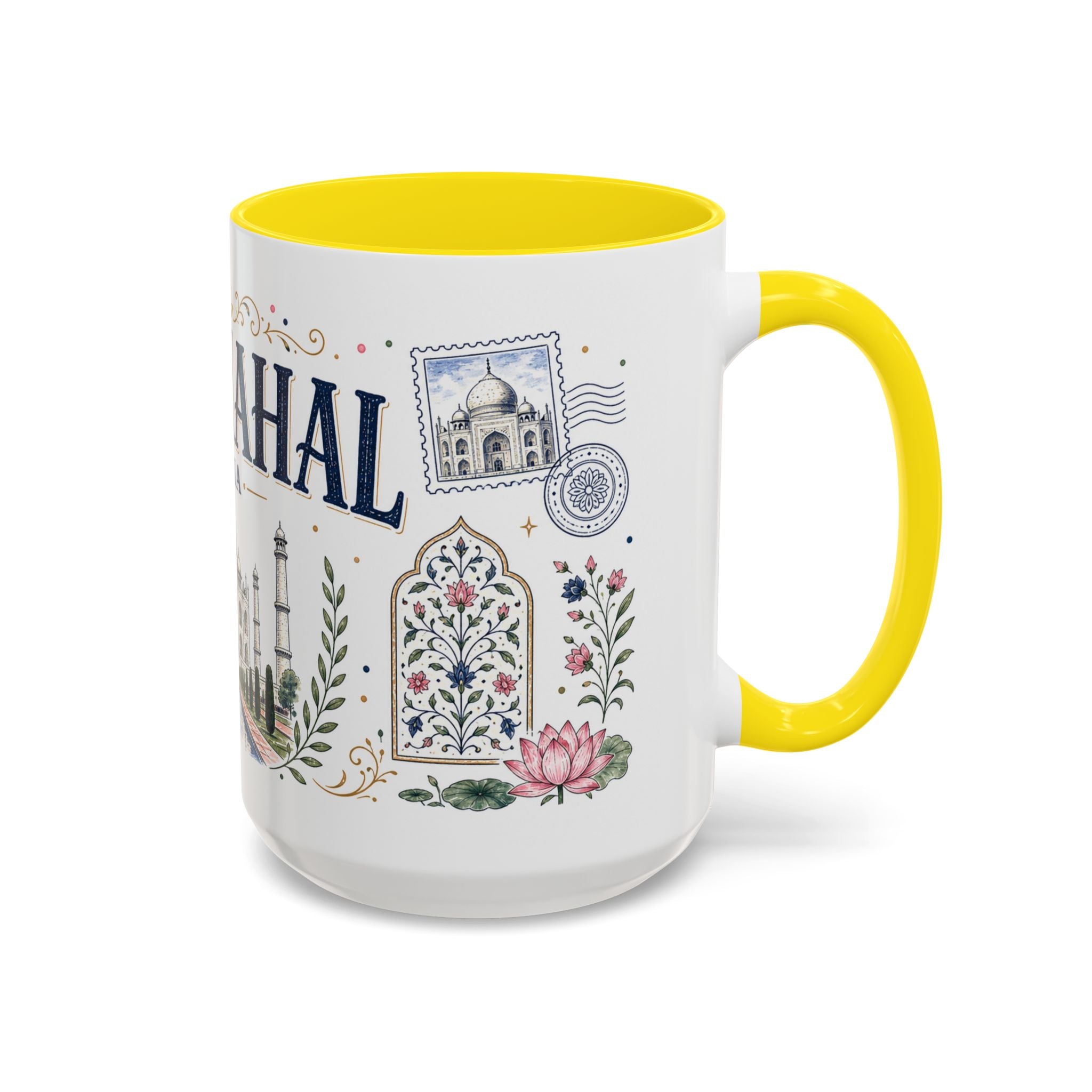 Taj Mahal Coffee Mug | Travel Destination Souvenir Gift | Accent Color Ceramic 11oz 15oz