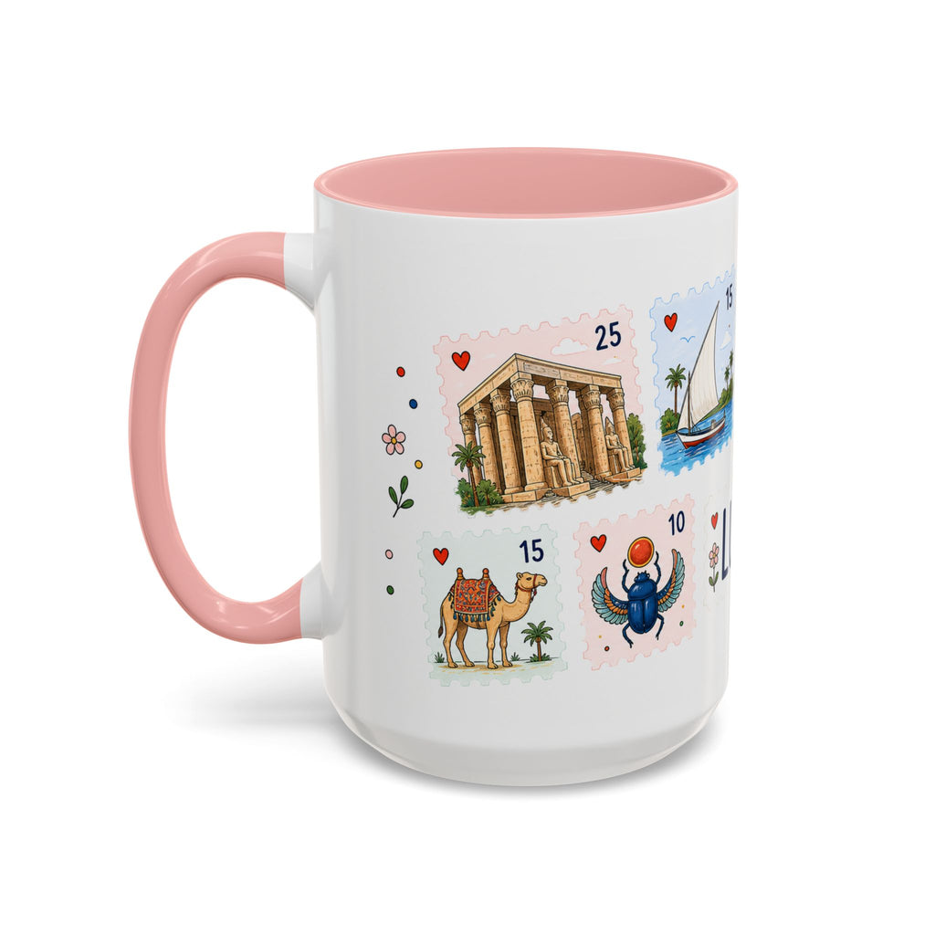 Luxor Coffee Mug | Postage Stamp Collage Mug | Travel Souvenir Accent Cup 11oz 15oz