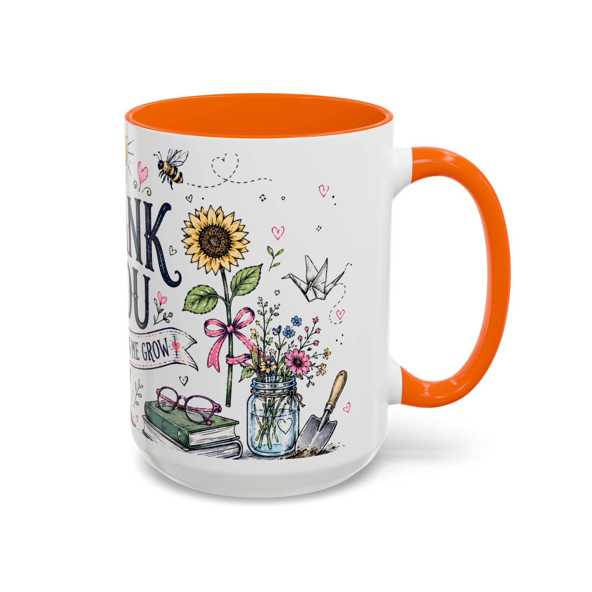 Thank You Teacher Coffee Mug | For Helping Me Grow Appreciation Gift | Accent Color Ceramic 11oz 15oz