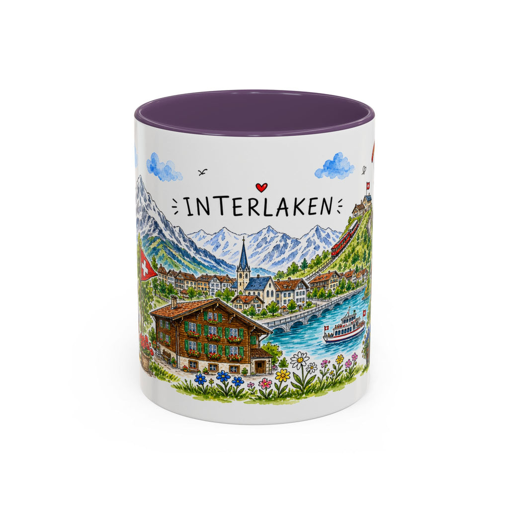 Interlaken Illustrated Travel Mug | Switzerland Souvenir Accent Coffee Mug | 11oz 15oz Ceramic Cup