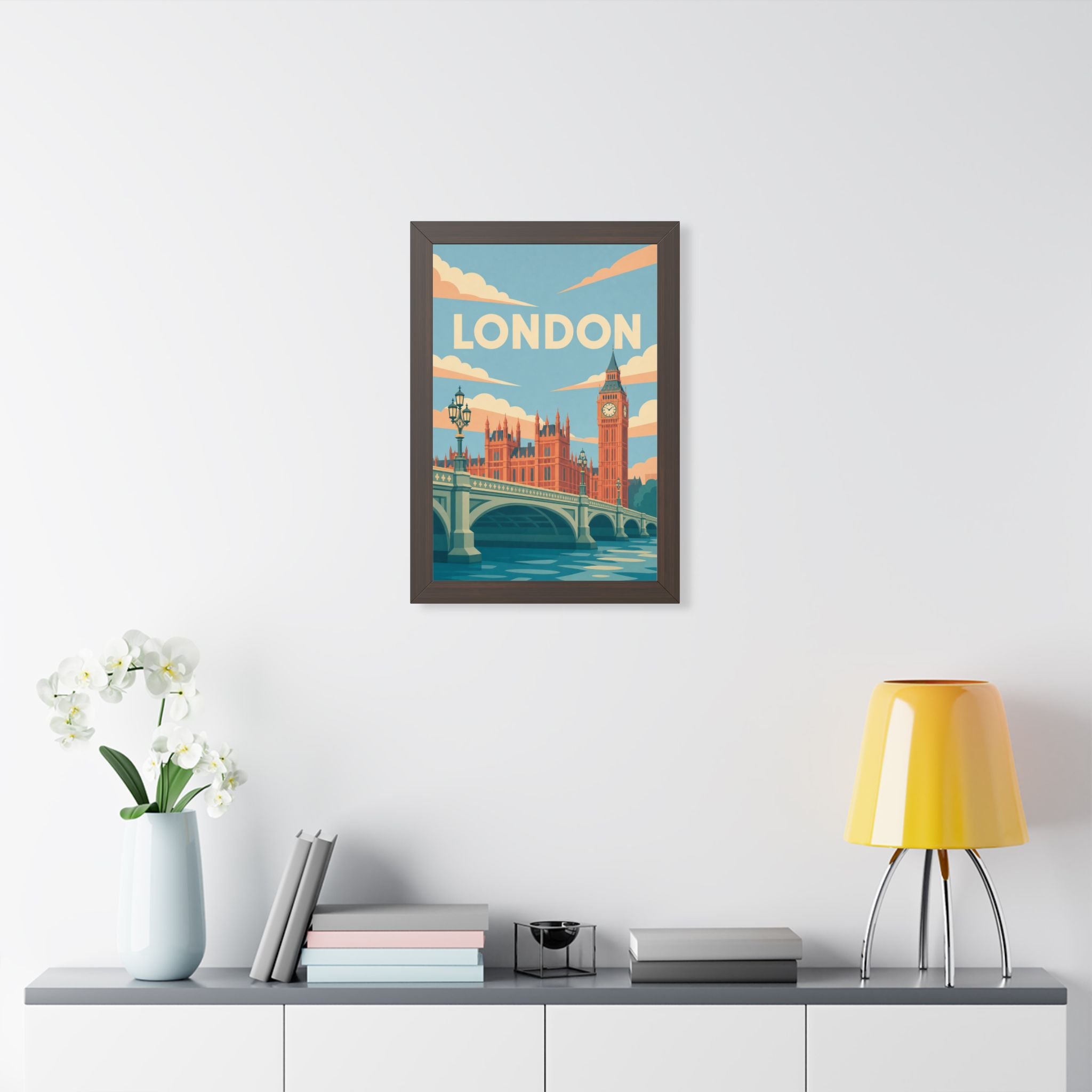 London Westminster United Kingdom Framed Poster | Vintage Travel Wall Art | Black Walnut White Frame | 16x24 20x30