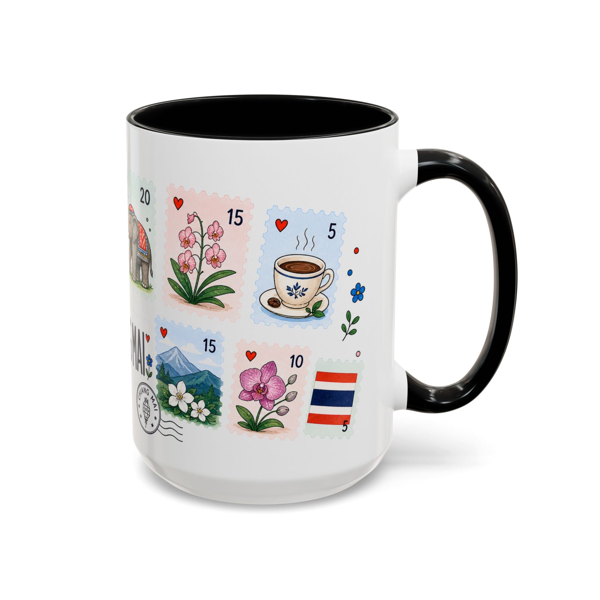 Chiang Mai Coffee Mug | Postage Stamp Collage Mug | Travel Souvenir Accent Cup 11oz 15oz