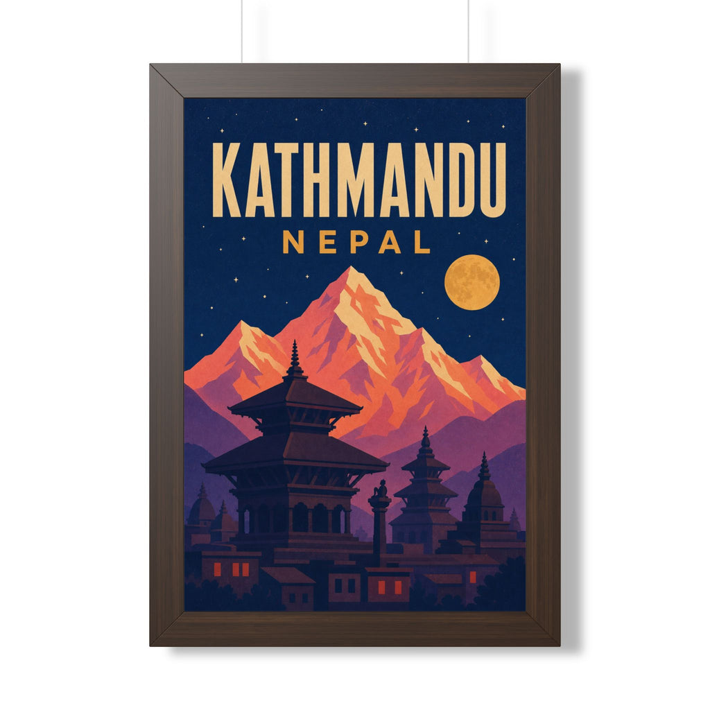 Kathmandu Nepal Framed Poster | Vintage Travel Wall Art | Black Walnut White Frame | 16x24 20x30