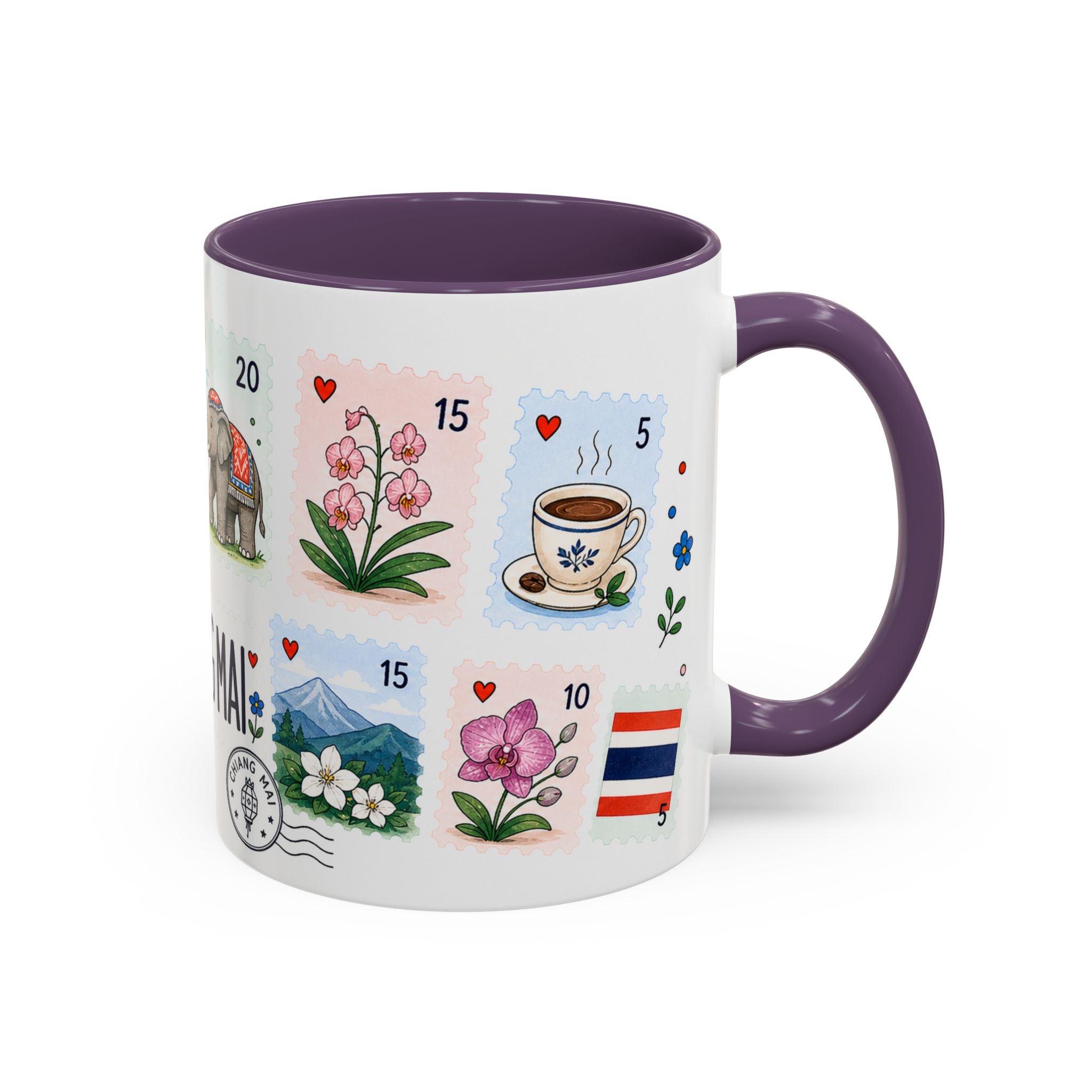 Chiang Mai Coffee Mug | Postage Stamp Collage Mug | Travel Souvenir Accent Cup 11oz 15oz