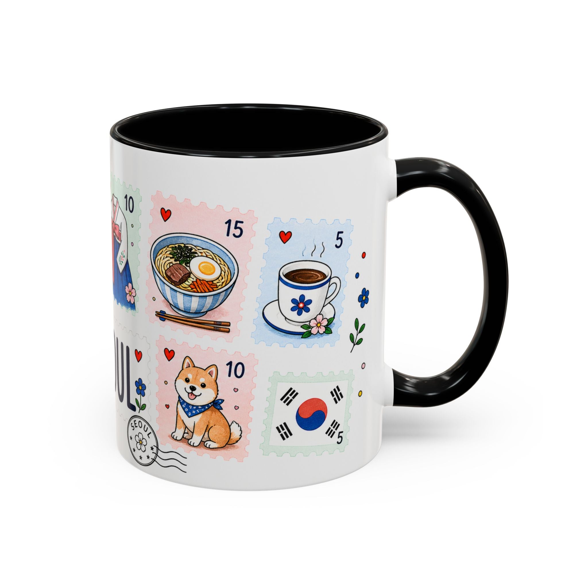 Seoul Coffee Mug | Postage Stamp Collage Mug | Travel Souvenir Accent Cup 11oz 15oz
