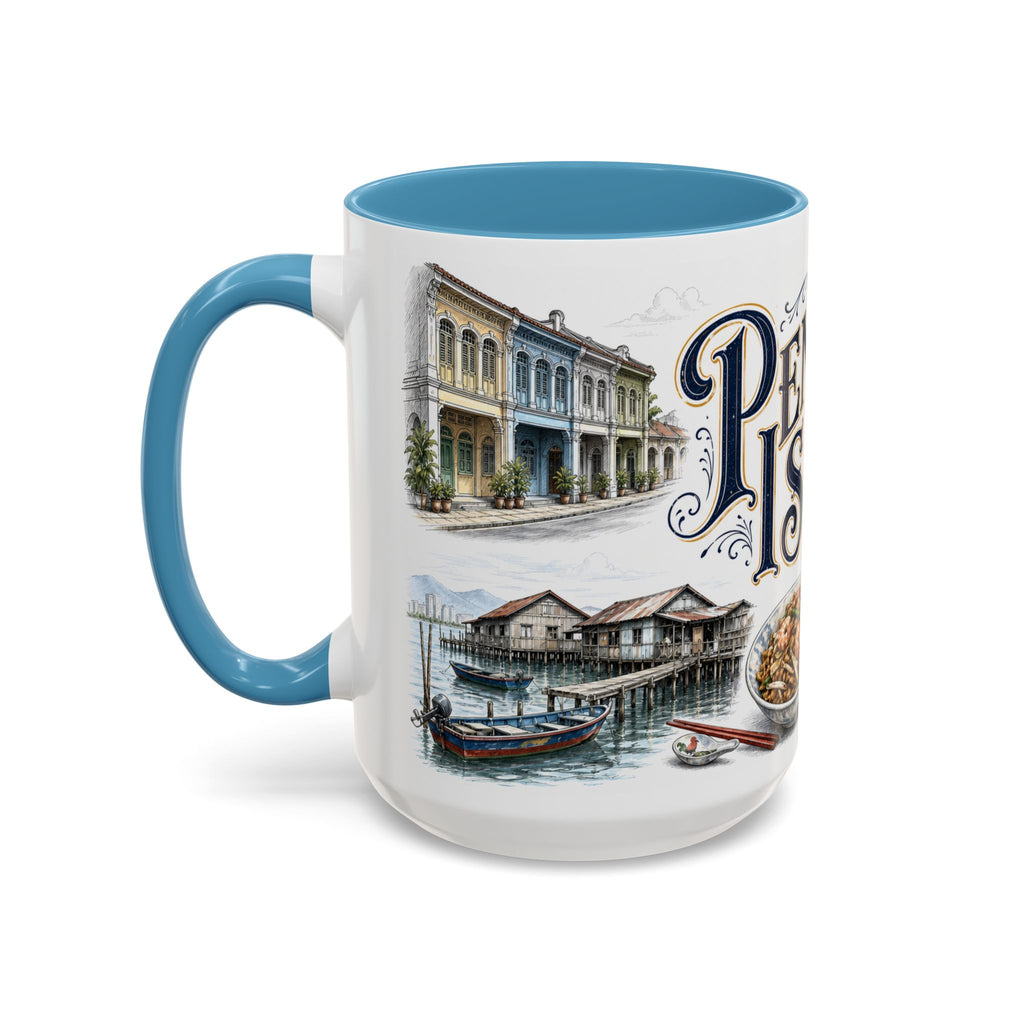 Penang Island Coffee Mug | Malaysia Travel Souvenir | Vintage Illustrated City Gift | 11 oz 15 oz Accent Mug