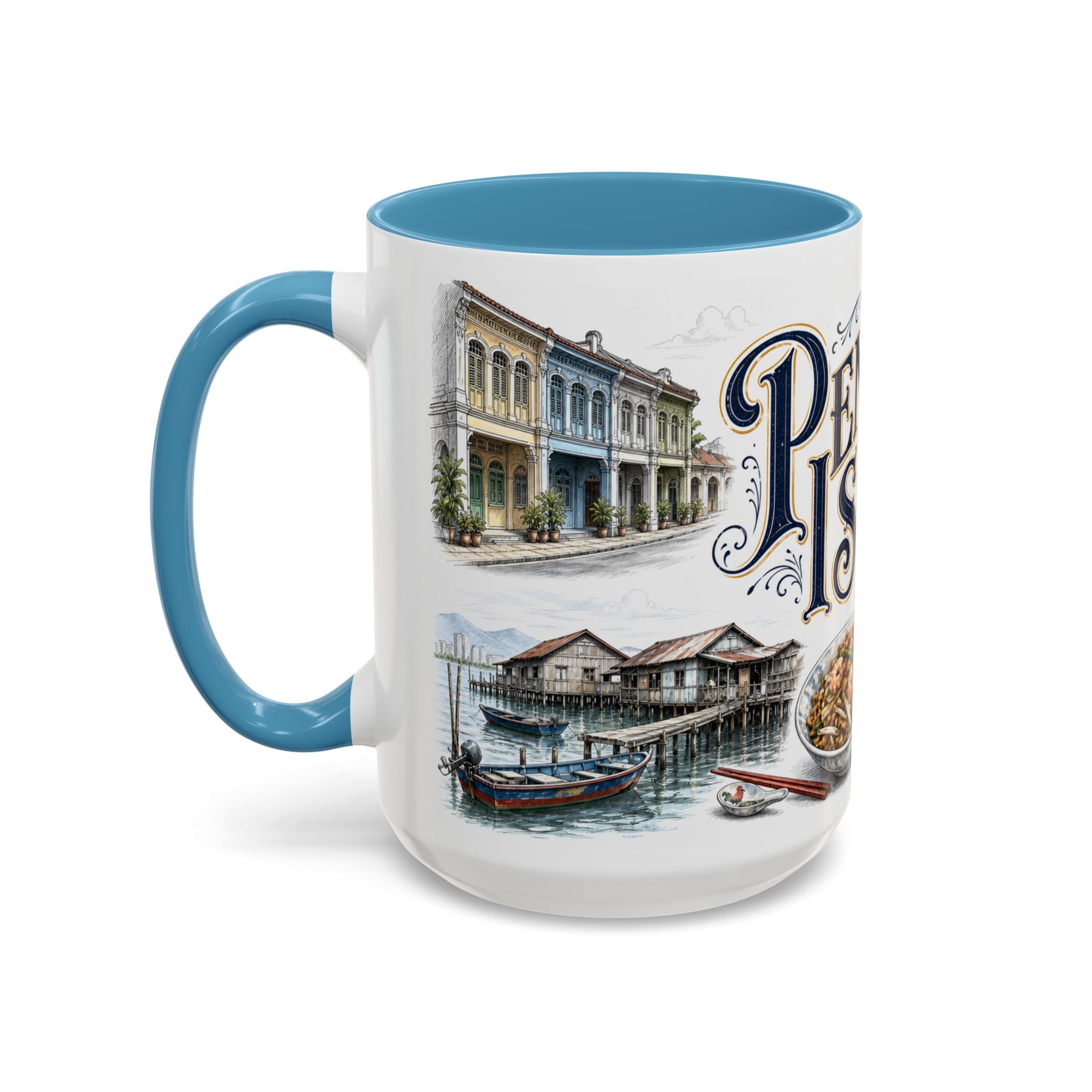 Penang Island Coffee Mug | Malaysia Travel Souvenir | Vintage Illustrated City Gift | 11 oz 15 oz Accent Mug