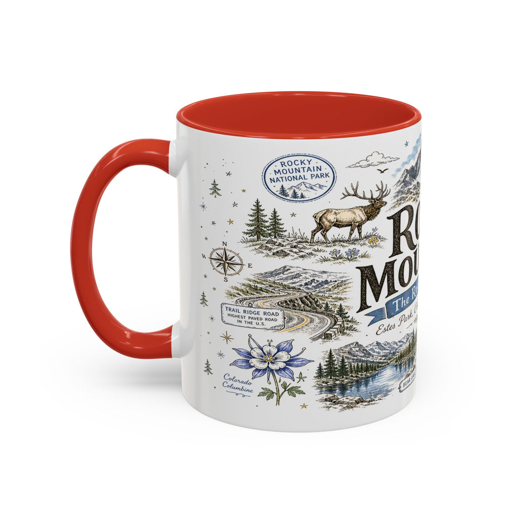 Rocky Mountain Coffee Mug | National Park Hiking Camping Gift | Accent Color Ceramic 11oz 15oz