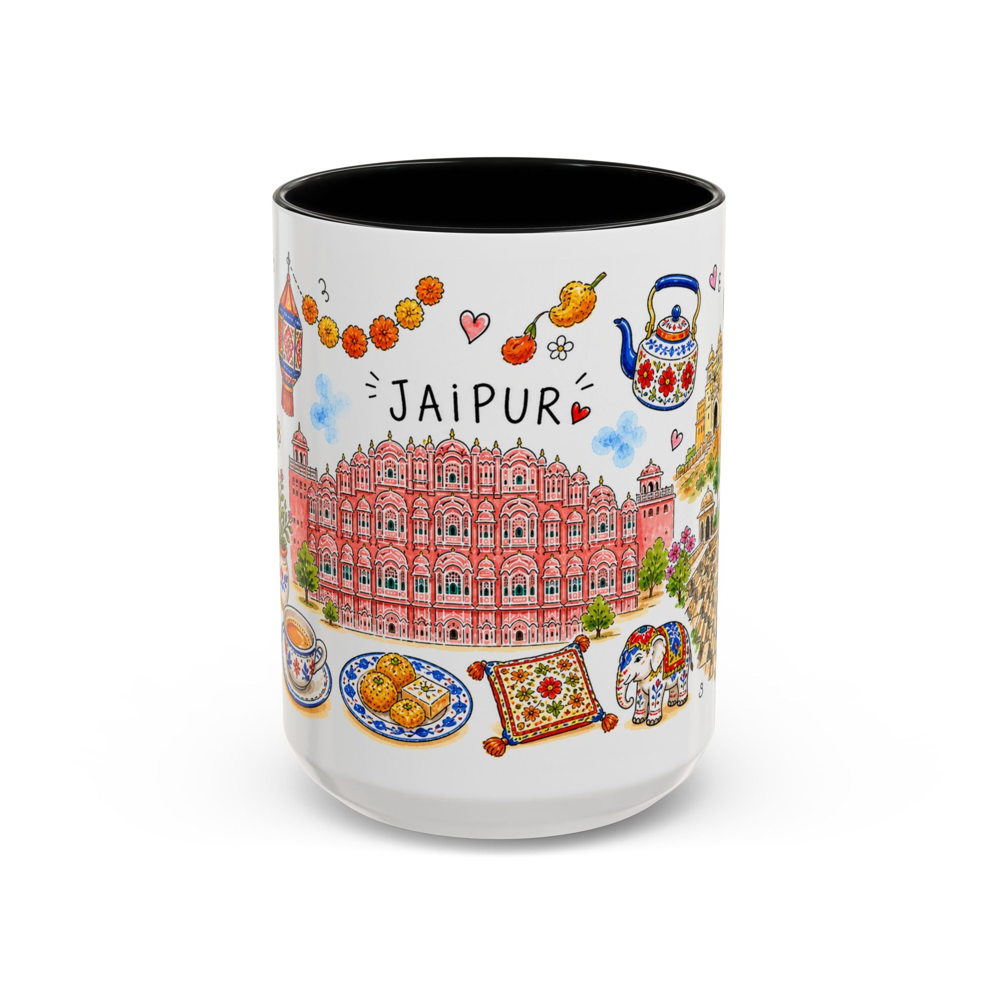 Jaipur Illustrated Travel Mug | City Souvenir Accent Coffee Mug | 11oz 15oz Ceramic Cup