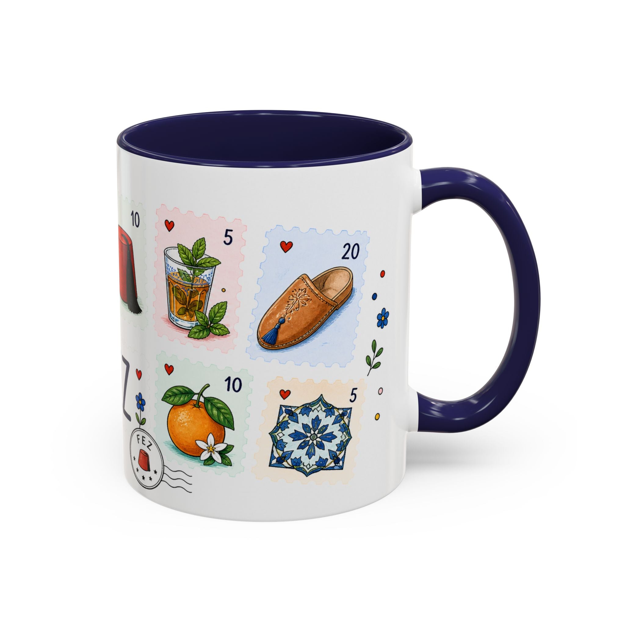 Fez Coffee Mug | Postage Stamp Collage Mug | Travel Souvenir Accent Cup 11oz 15oz