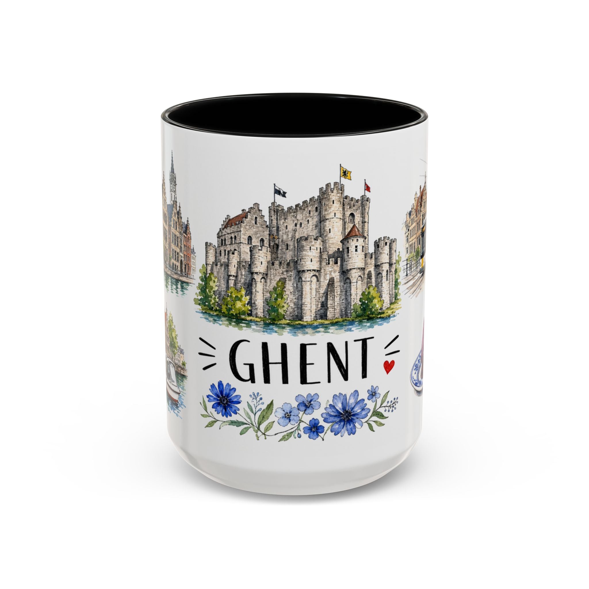 Ghent Illustrated Travel Mug | City Souvenir Accent Coffee Mug | 11oz 15oz Ceramic Cup