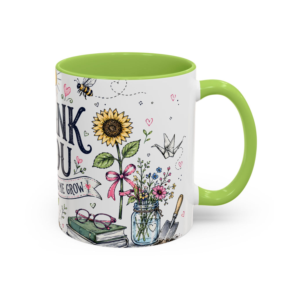 Thank You Teacher Coffee Mug | For Helping Me Grow Appreciation Gift | Accent Color Ceramic 11oz 15oz