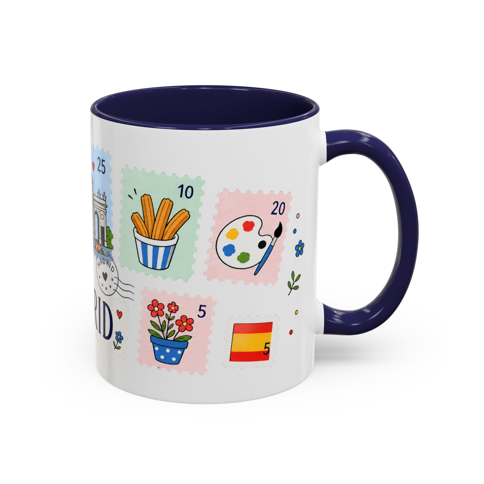 Madrid Coffee Mug | Postage Stamp Collage Mug | Travel Souvenir Accent Cup 11oz 15oz