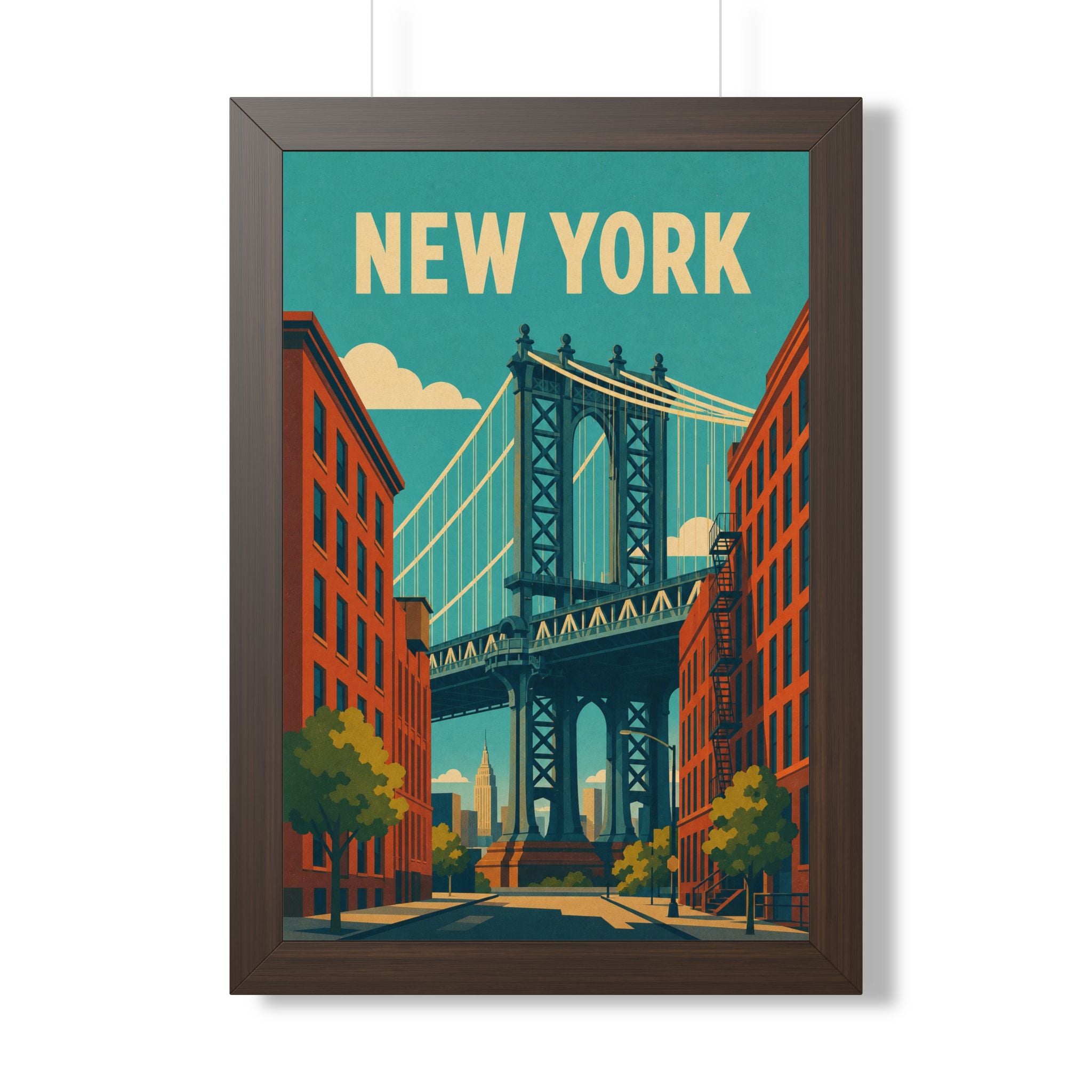 Manhattan Bridge New York United States Framed Poster | Vintage Travel Wall Art | Black Walnut White Frame | 16x24 20x30