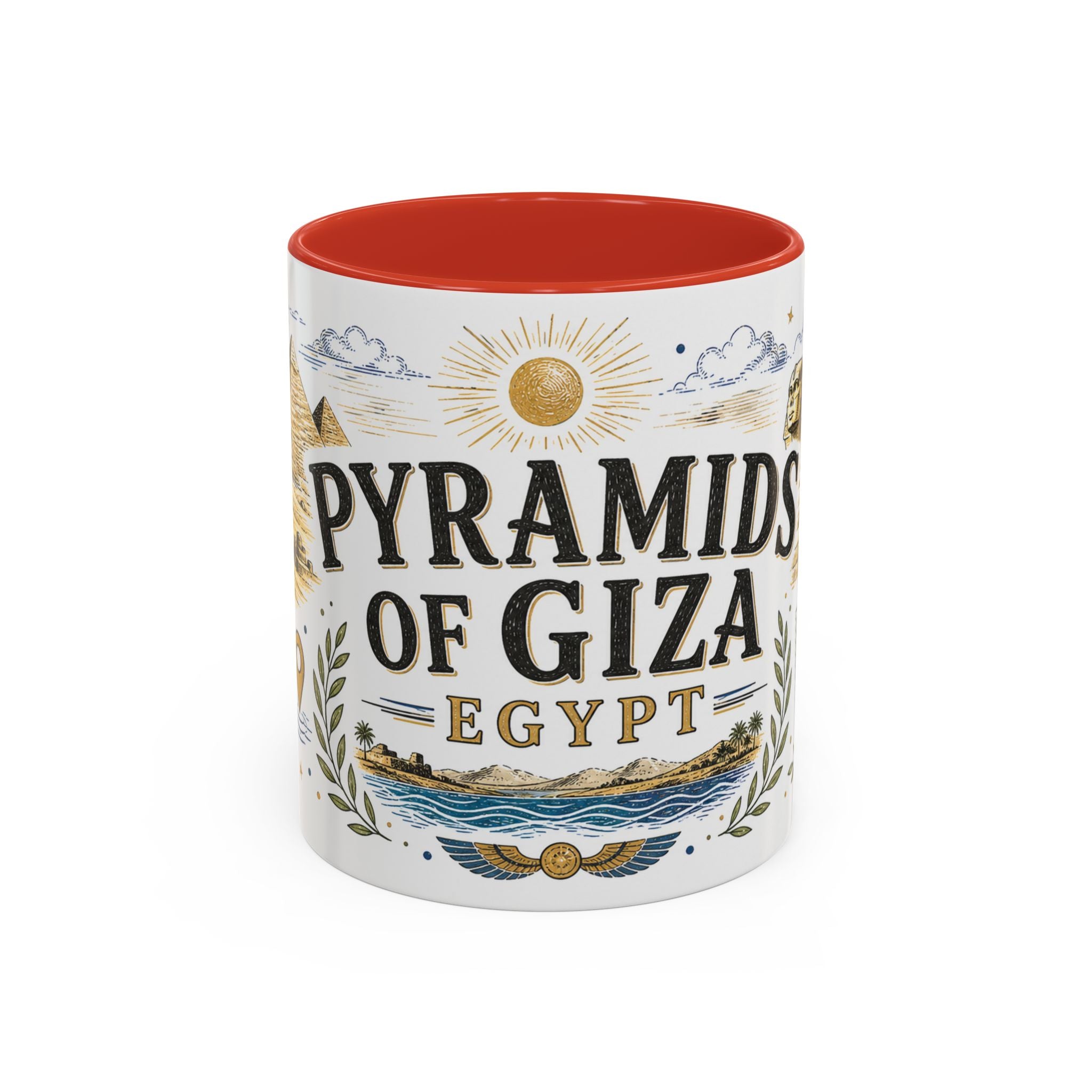 Pyramids of Giza Coffee Mug | Travel Destination Souvenir Gift | Accent Color Ceramic 11oz 15oz