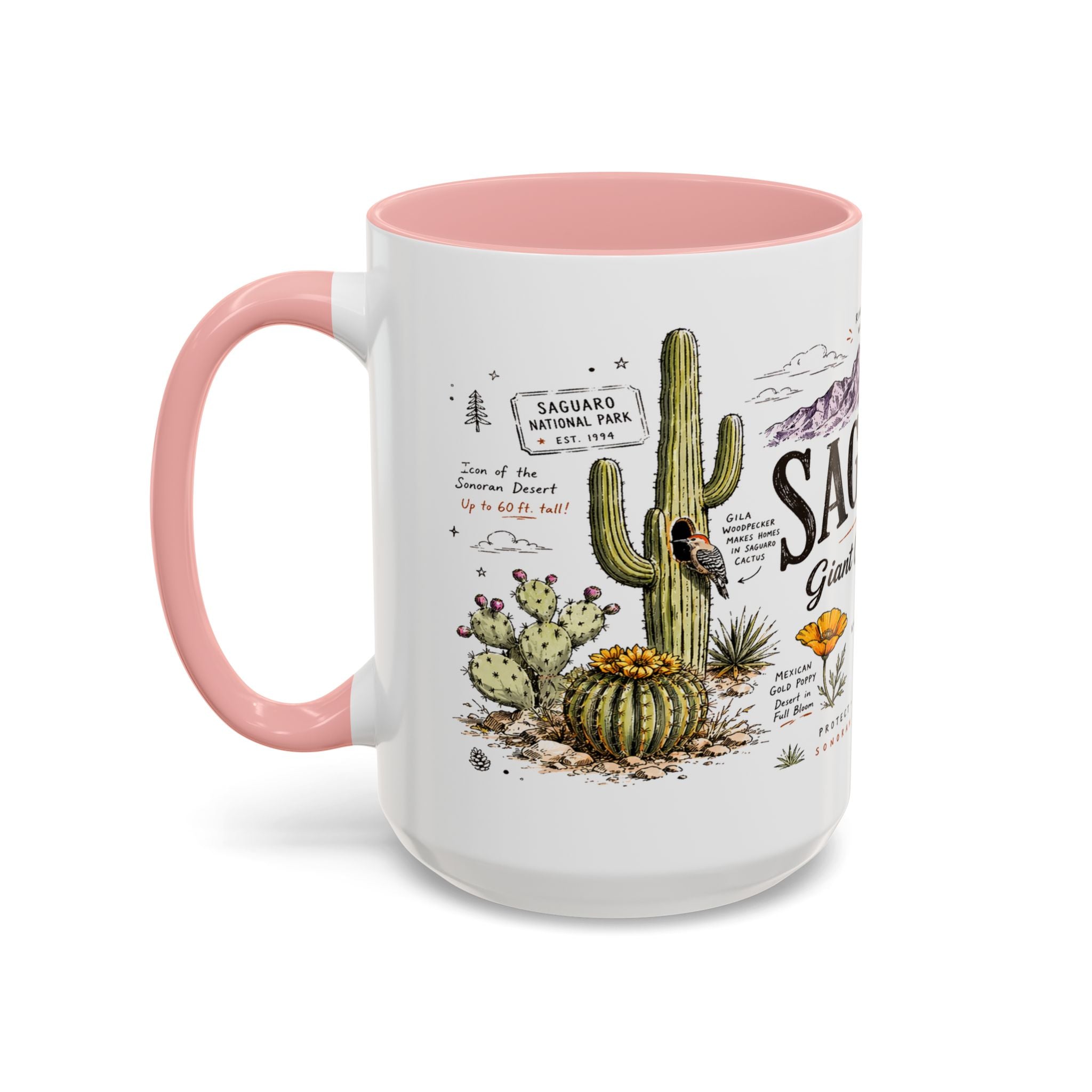 Saguaro National Park Coffee Mug | Arizona Desert Cactus Sunset Gift | Accent Color Ceramic 11oz 15oz