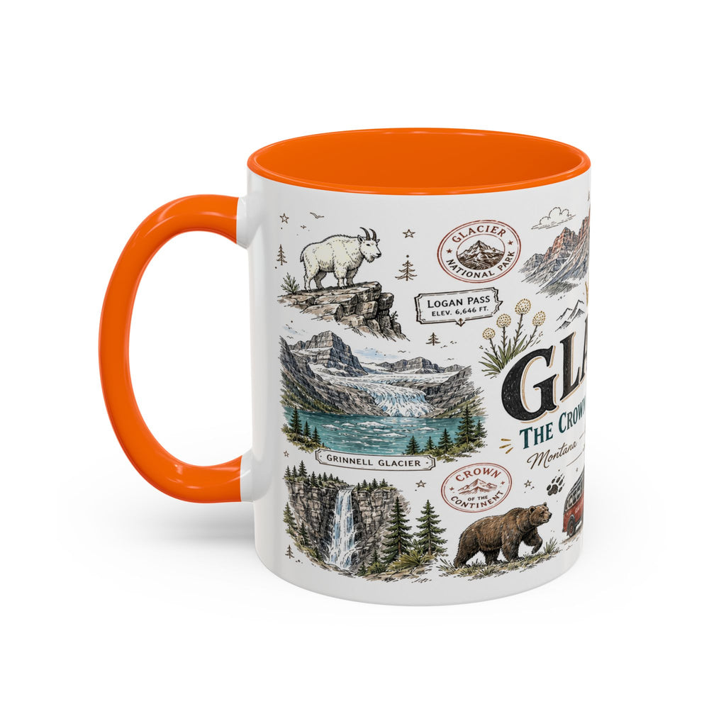 Glacier Coffee Mug | National Park Hiking Montana Gift | Accent Color Ceramic 11oz 15oz