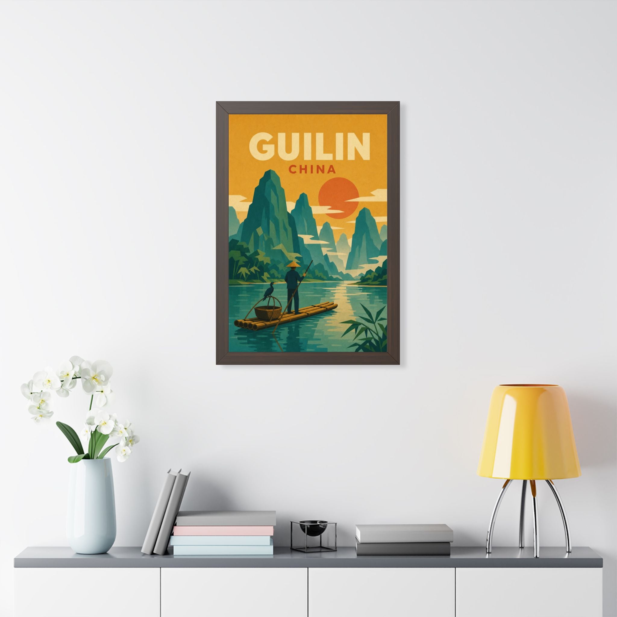Guilin China Framed Poster | Vintage Travel Wall Art | Black Walnut White Frame | 16x24 20x30