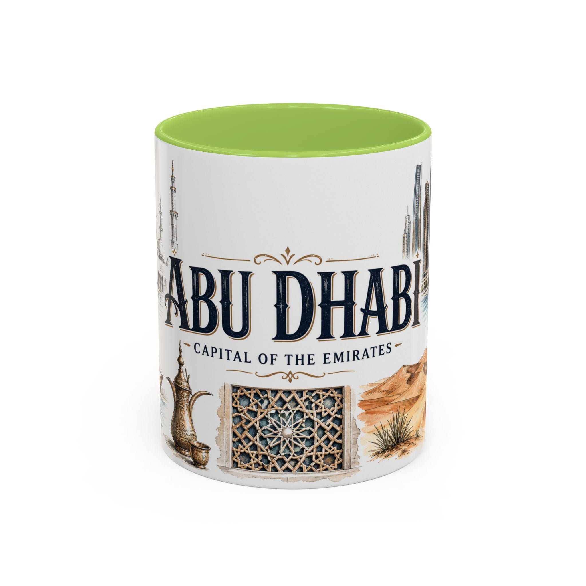 Abu Dhabi Coffee Mug | United Arab Emirates Travel Souvenir | Vintage Illustrated City Gift | 11 oz 15 oz Accent Mug
