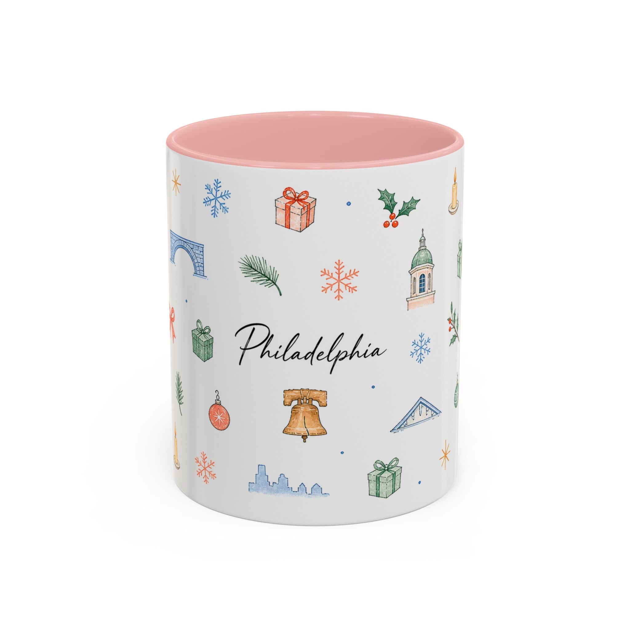 Philadelphia Christmas Mug | Watercolor Travel Souvenir | Holiday Gift | Accent Ceramic Coffee Cup 11oz 15oz