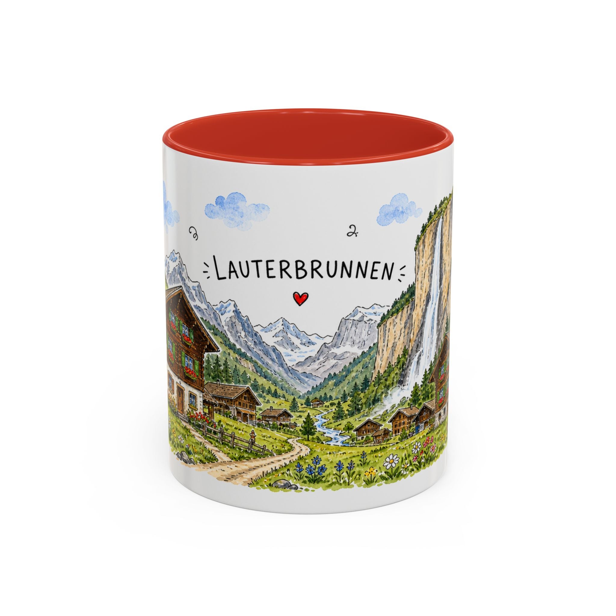 Lauterbrunnen Illustrated Travel Mug | Switzerland Souvenir Accent Coffee Mug | 11oz 15oz Ceramic Cup