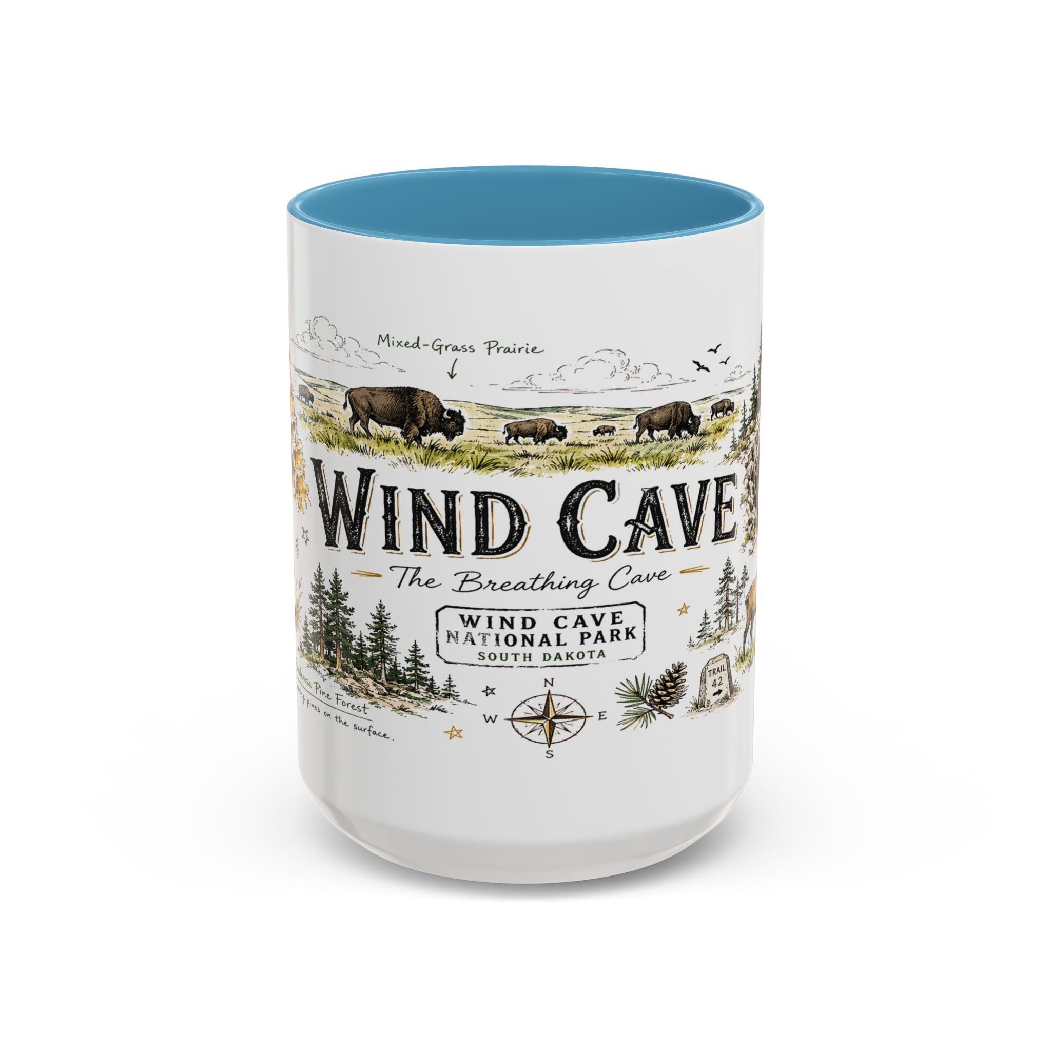 Wind Cave National Park Coffee Mug | South Dakota Cave Bison Prairie Gift | Accent Color Ceramic 11oz 15oz
