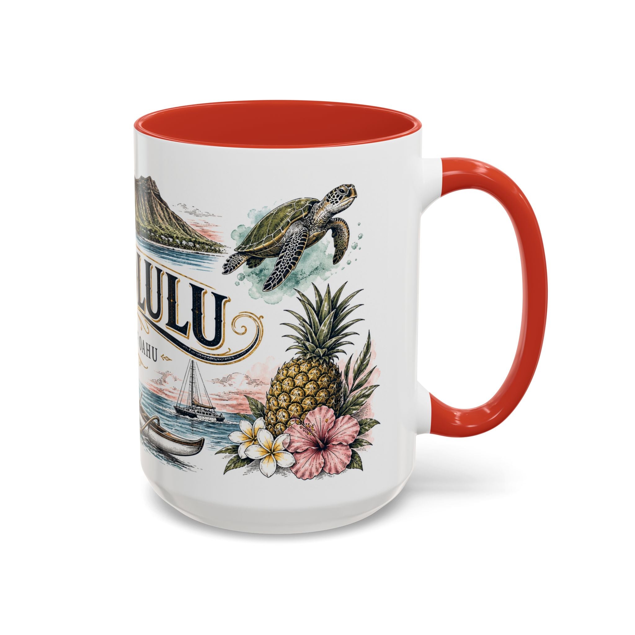 Honolulu Coffee Mug | United States Travel Souvenir | Vintage Illustrated City Gift | 11 oz 15 oz Accent Mug