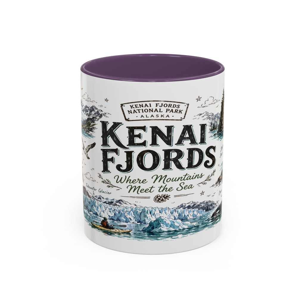 Kenai Fjords National Park Coffee Mug | Alaska Coastal Wildlife Hiking Gift | Accent Color Ceramic 11oz 15oz