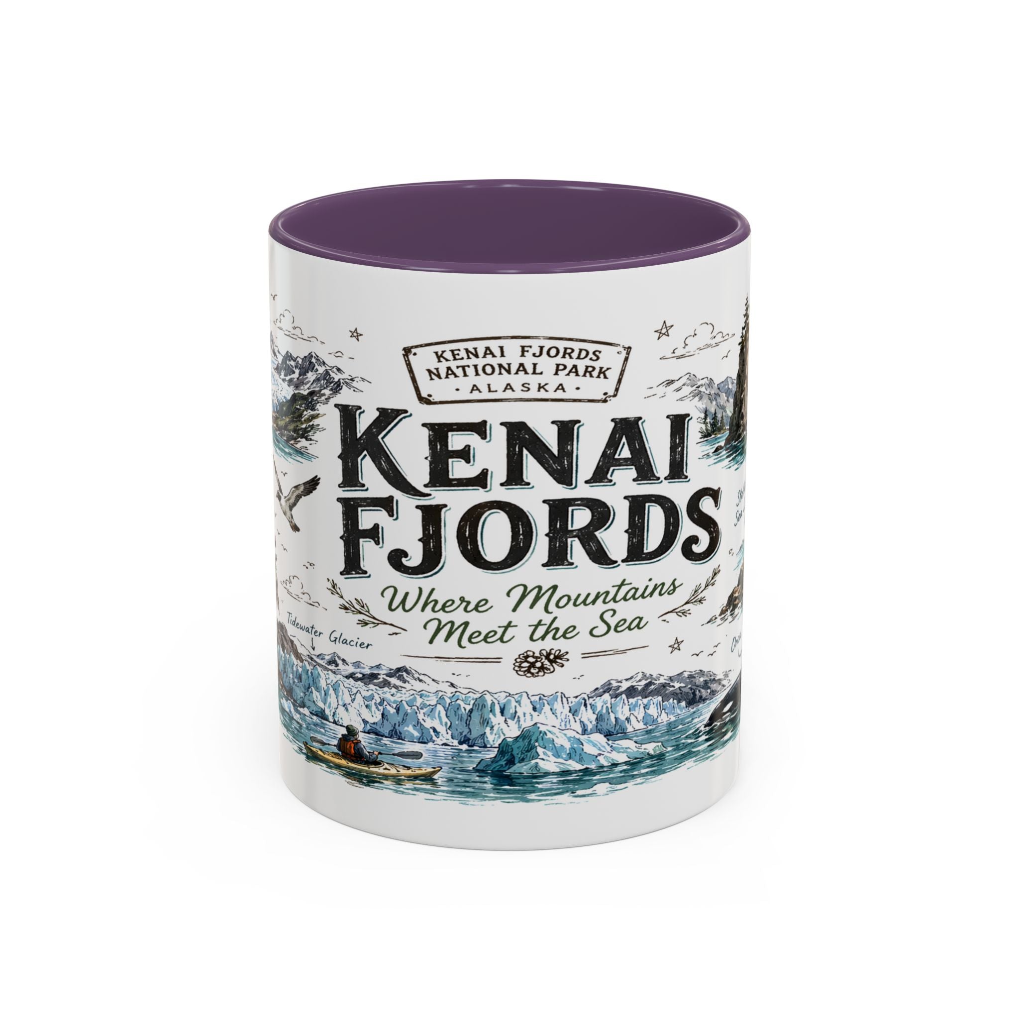 Kenai Fjords National Park Coffee Mug | Alaska Coastal Wildlife Hiking Gift | Accent Color Ceramic 11oz 15oz