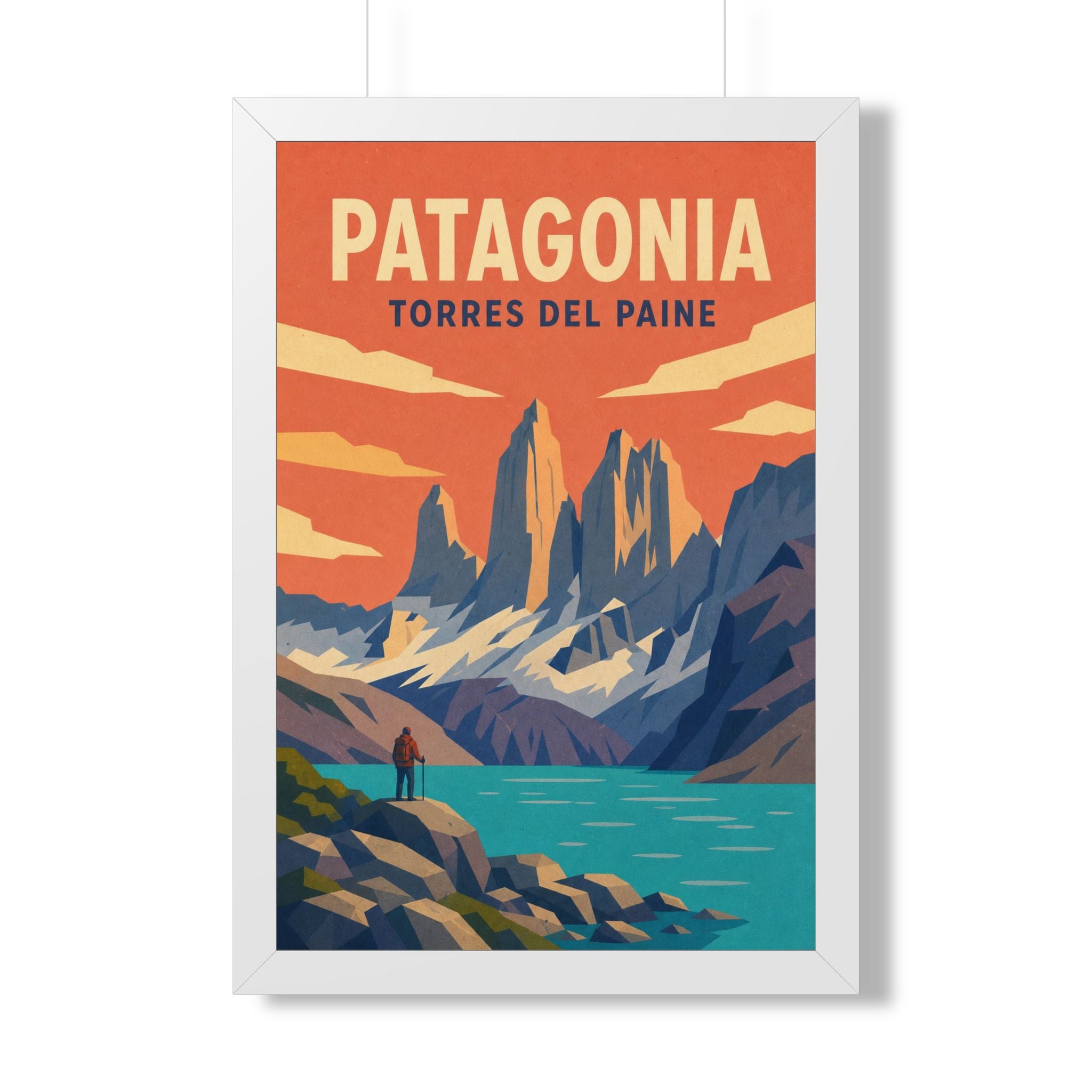 Torres del Paine Chile Framed Poster | Vintage Travel Wall Art | Black Walnut White Frame | 16x24 20x30