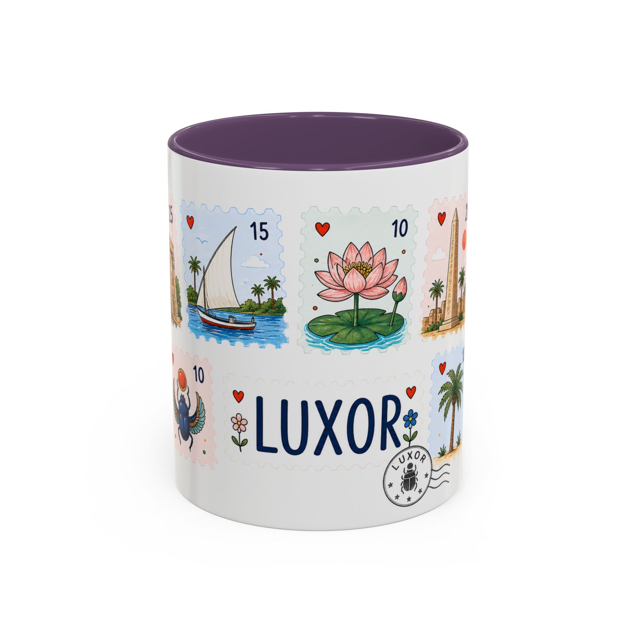 Luxor Coffee Mug | Postage Stamp Collage Mug | Travel Souvenir Accent Cup 11oz 15oz
