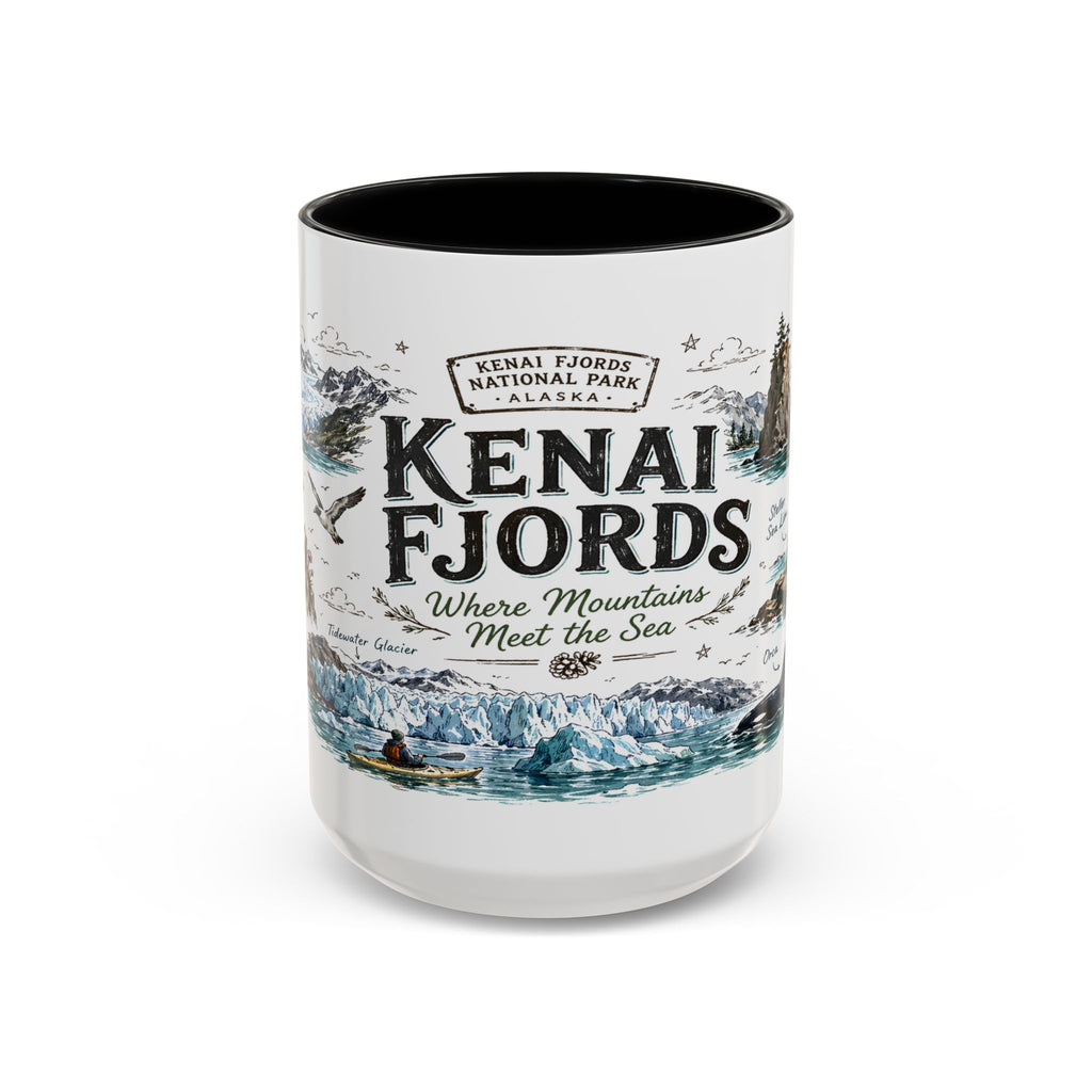 Kenai Fjords National Park Coffee Mug | Alaska Coastal Wildlife Hiking Gift | Accent Color Ceramic 11oz 15oz
