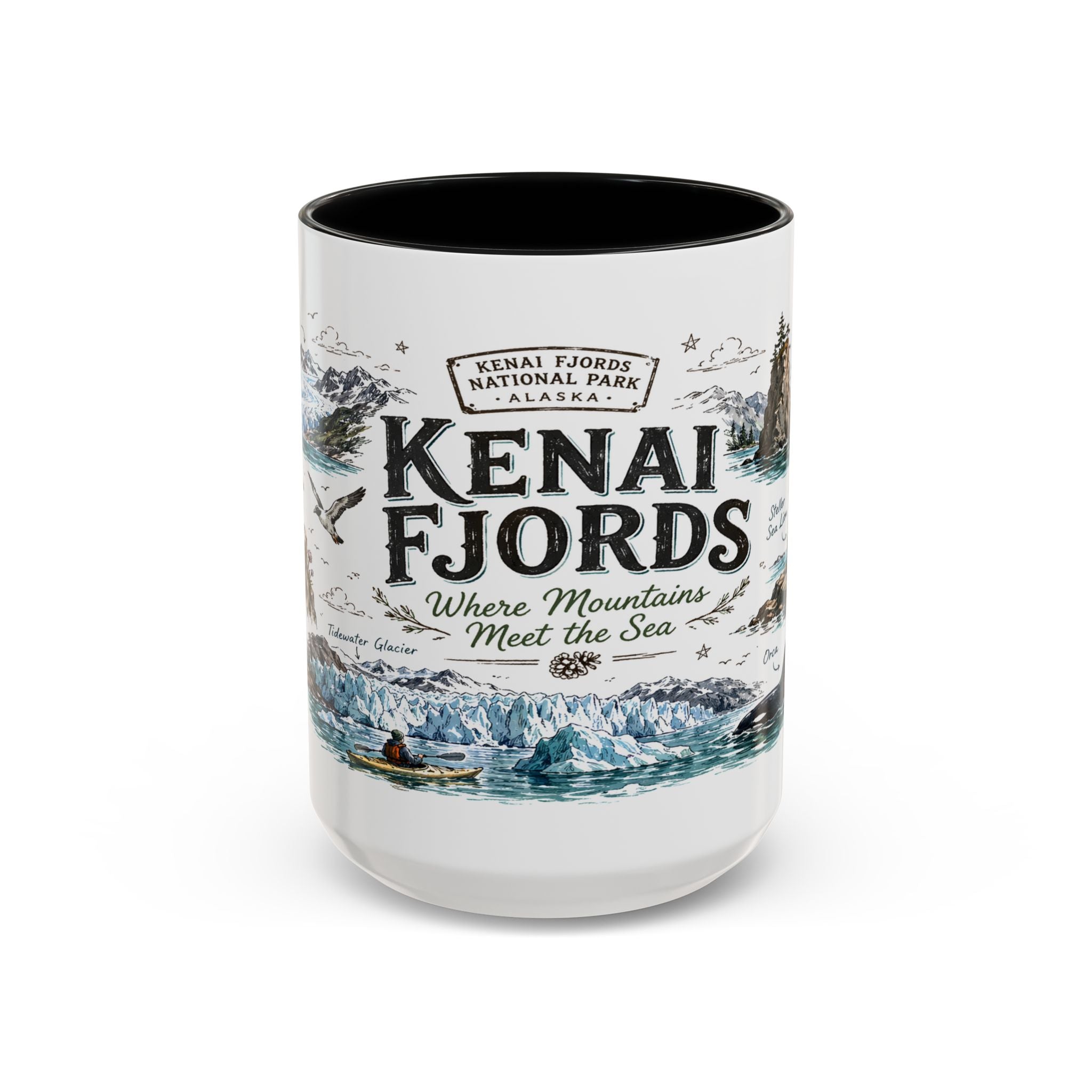 Kenai Fjords National Park Coffee Mug | Alaska Coastal Wildlife Hiking Gift | Accent Color Ceramic 11oz 15oz