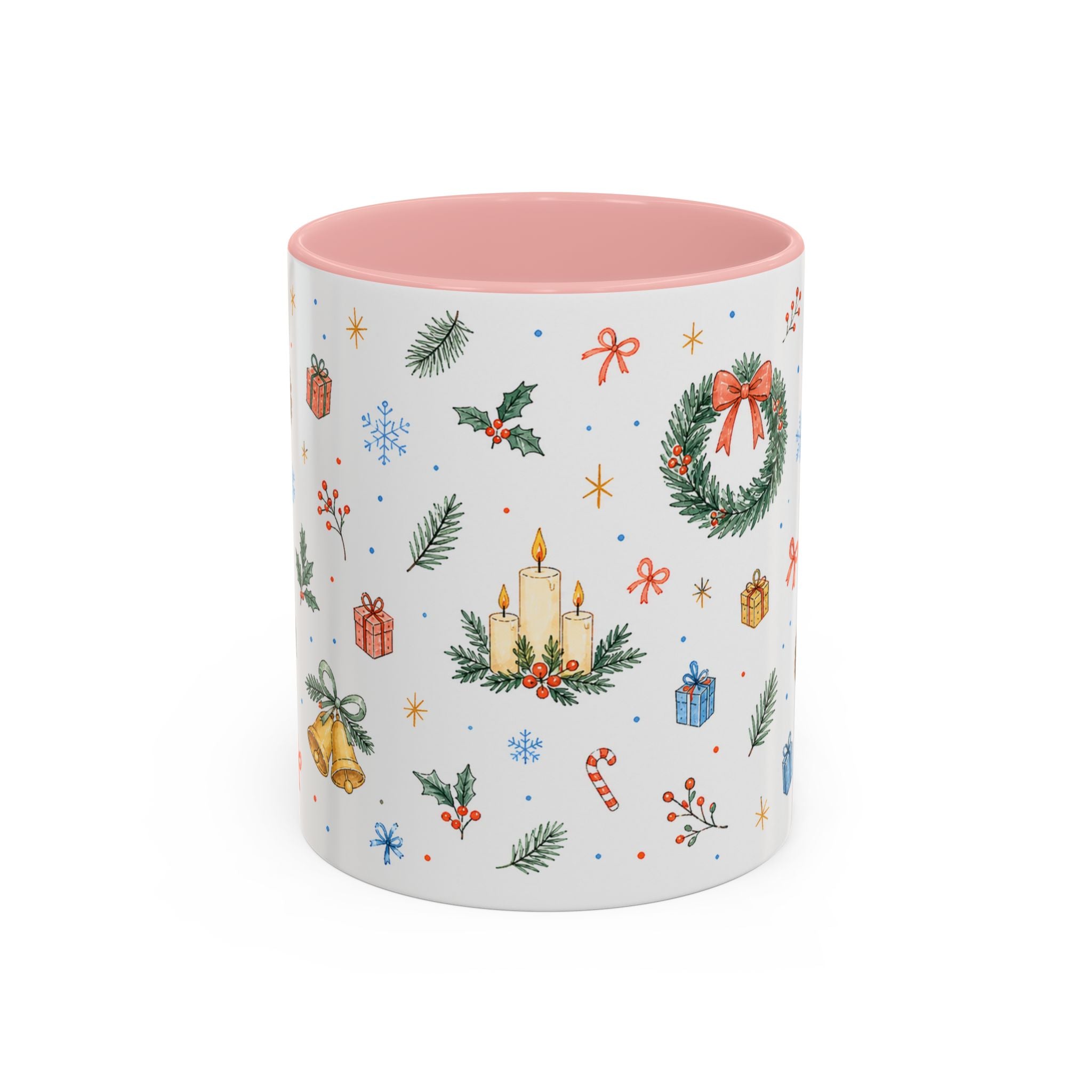 Christmas Candle Mug | Holly Wreath Watercolor Holiday Gift | Accent Cup 11oz 15oz
