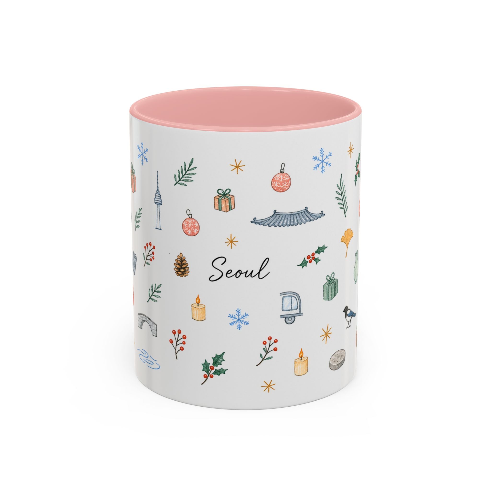 Seoul Christmas Mug | Watercolor Travel Souvenir | Holiday Gift | Accent Ceramic Coffee Cup 11oz 15oz