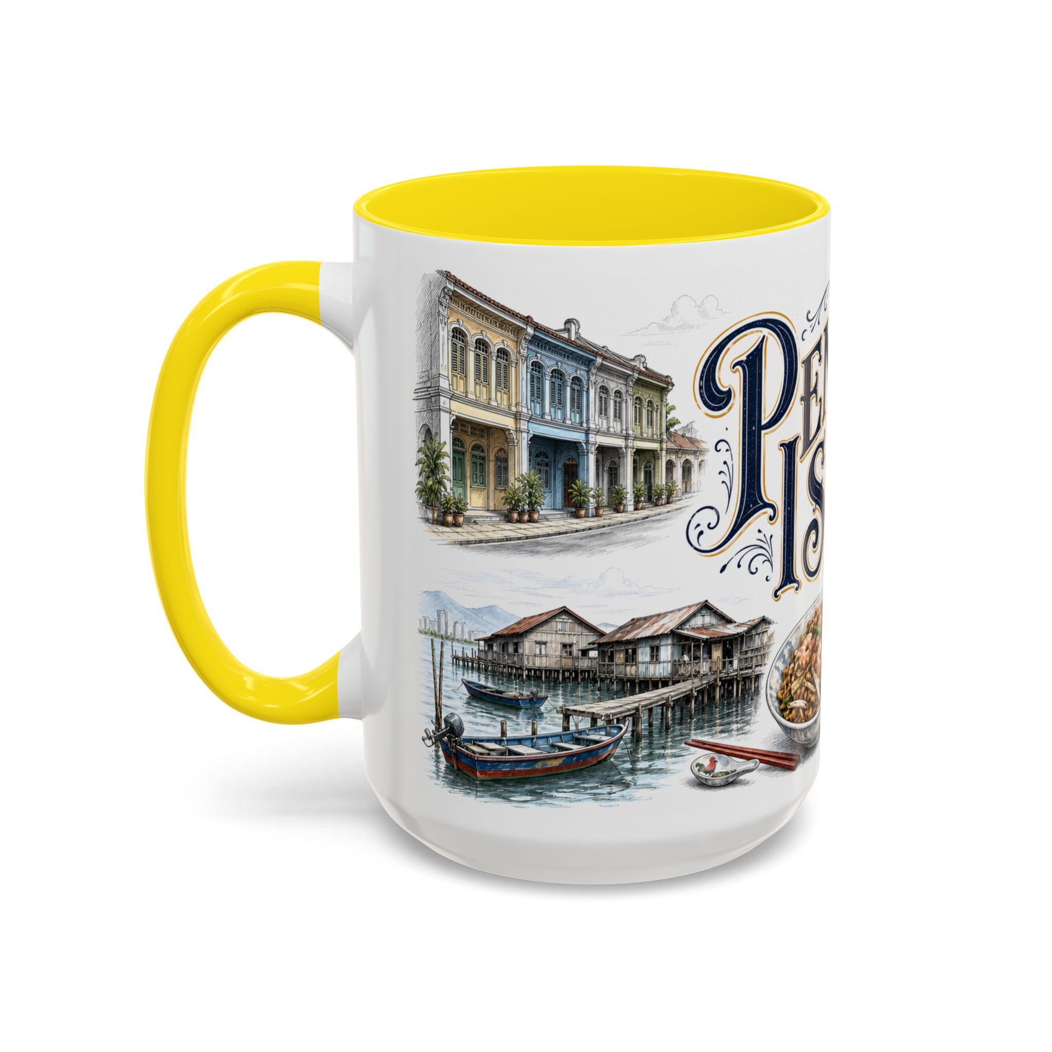 Penang Island Coffee Mug | Malaysia Travel Souvenir | Vintage Illustrated City Gift | 11 oz 15 oz Accent Mug