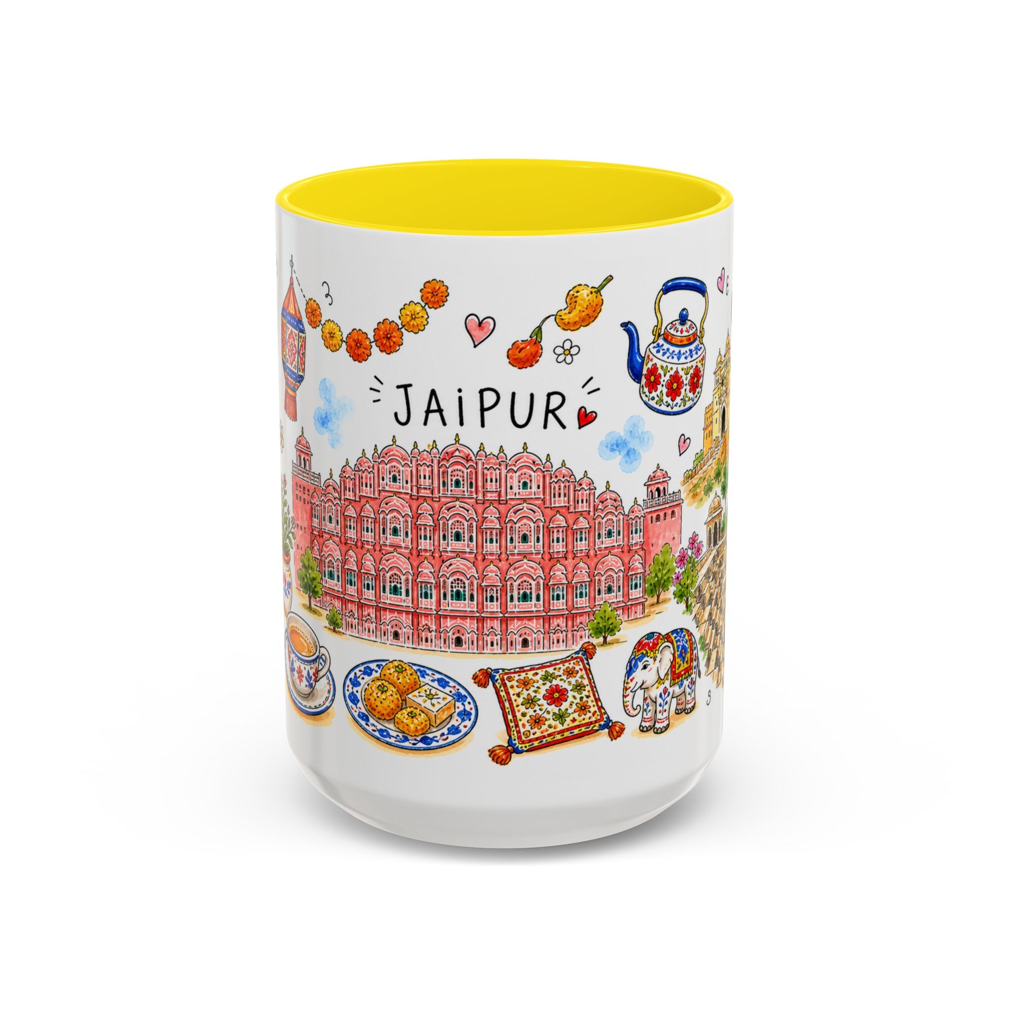 Jaipur Illustrated Travel Mug | City Souvenir Accent Coffee Mug | 11oz 15oz Ceramic Cup