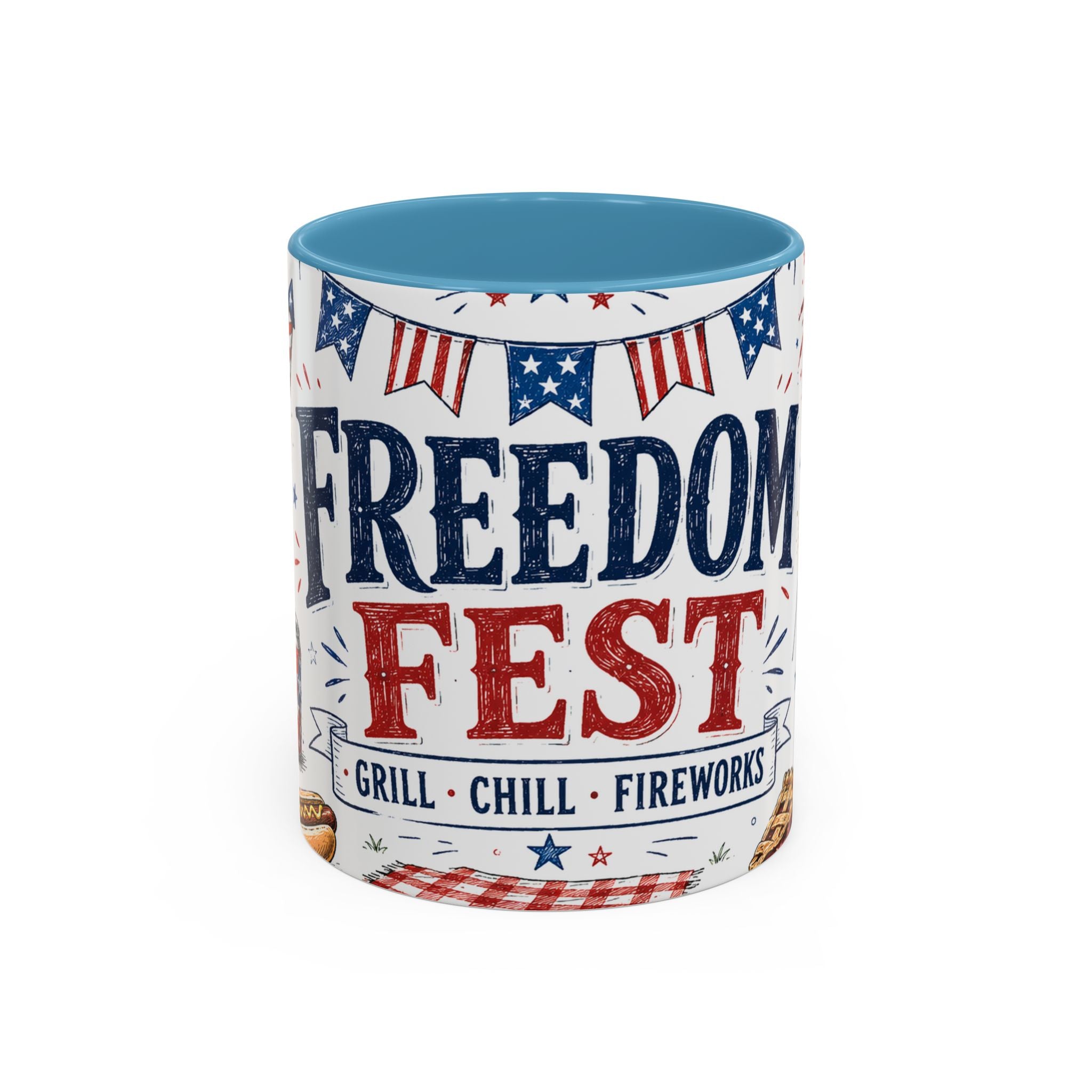 Freedom Fest Coffee Mug | Grill Chill Fireworks 4th of July | Accent Color Ceramic 11oz 15oz