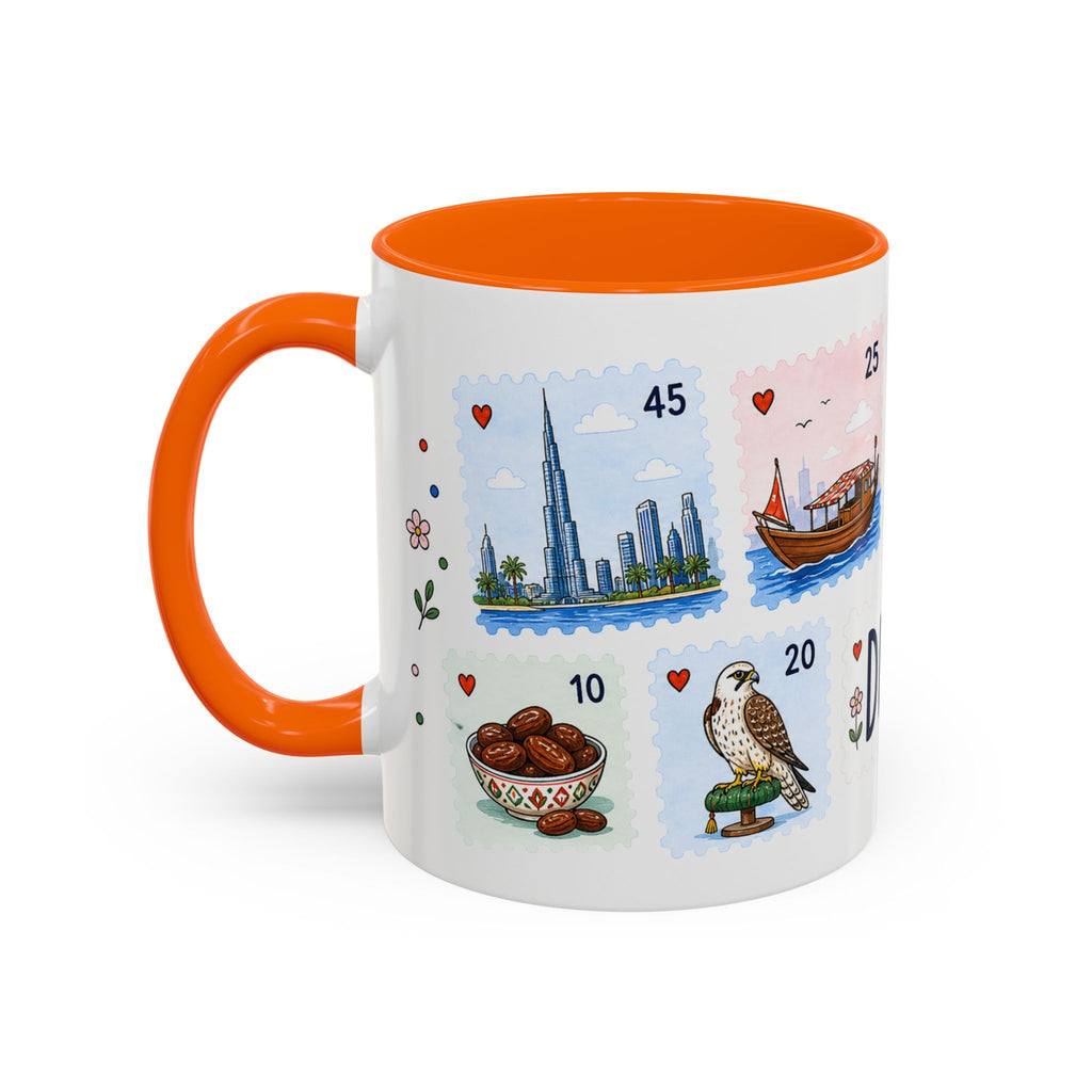 Dubai Coffee Mug | Postage Stamp Collage Mug | Travel Souvenir Accent Cup 11oz 15oz