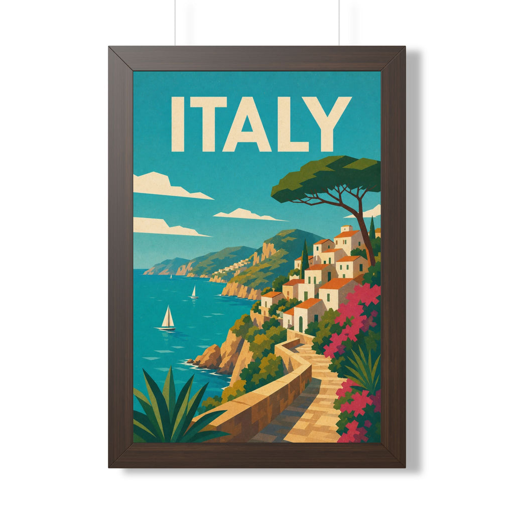 Italian Cliffside Coast Italy Framed Poster | Vintage Travel Wall Art | Black Walnut White Frame | 16x24 20x30
